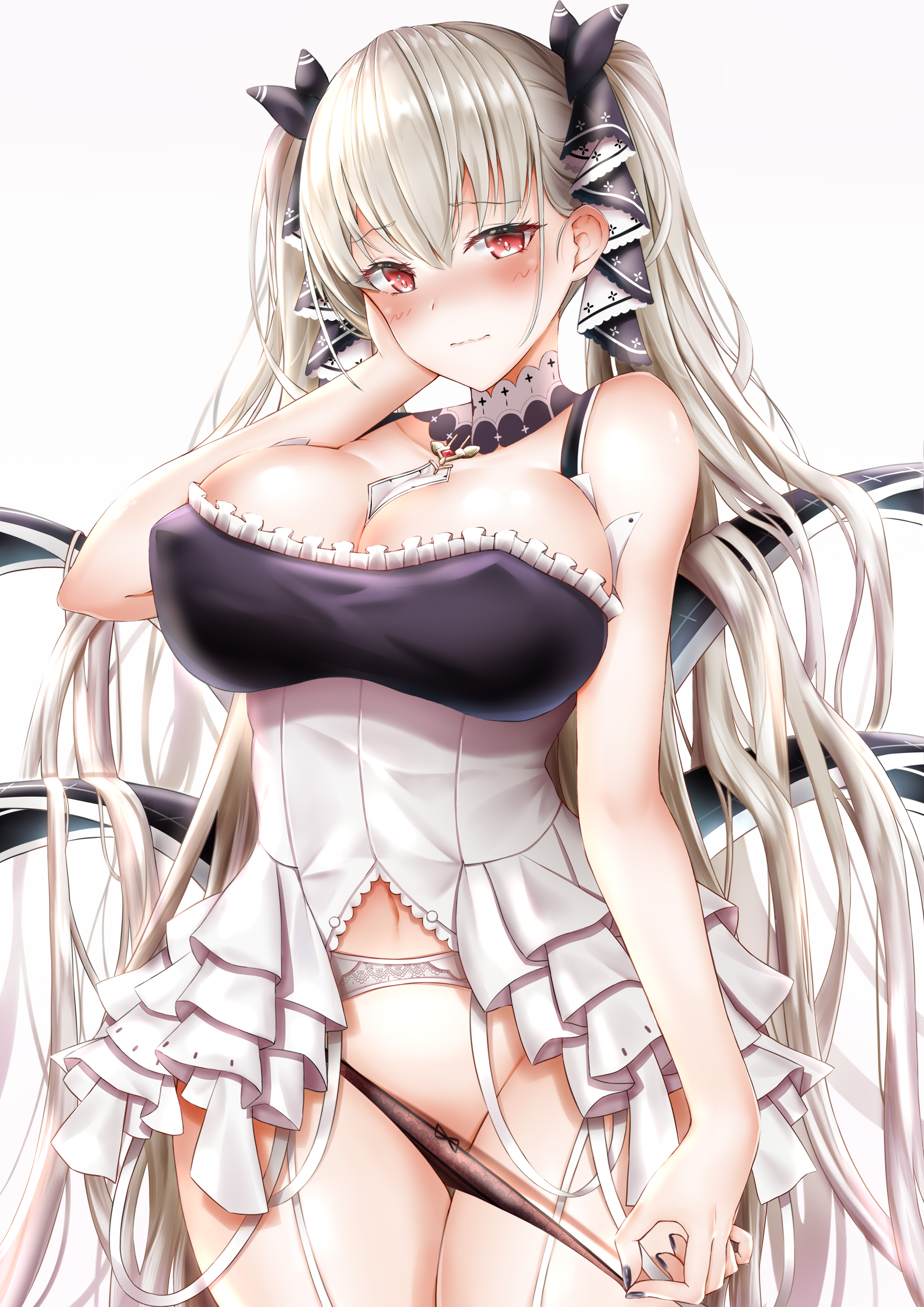 1girls, azur lane, blush, breasts, cleavage, female, female only, formidable (azur lane), garter belt, garter straps, hair ribbon, highres, large breasts, long hair, looking at viewer, nail polish, panties, red eyes, silver hair, twintails, two-tone ribbon, underwear, very long hair, white background, white hair, yukiaka