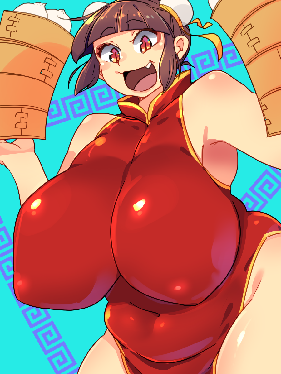 bamboo_steamer belly belly_bulge big_breasts breasts brown_hair bun_cover chinese_clothes chinese_dress chubby chubby_female fat female female_focus hips huge_breasts large_breasts nipple_bulge plump short_hair smiling solo solo_female squarewave wide_hips