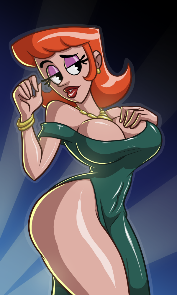 big_breasts black_eyes bracelets cleavage dexter's_laboratory dexter's_mom earrings green_dress milf necklace phazyn purple_eyeshadow red_hair red_lipstick