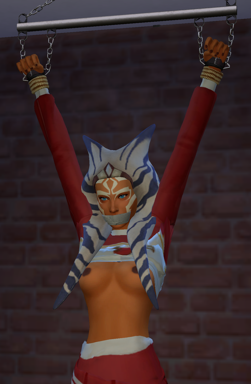 1girls 3d ahsoka_tano big_breasts blue_eyes bondage breasts captnjaz christmas clothed clothing female_focus female_only gag gagged lingerie nipples revealing_clothes simple_background solo star_wars star_wars_rebels