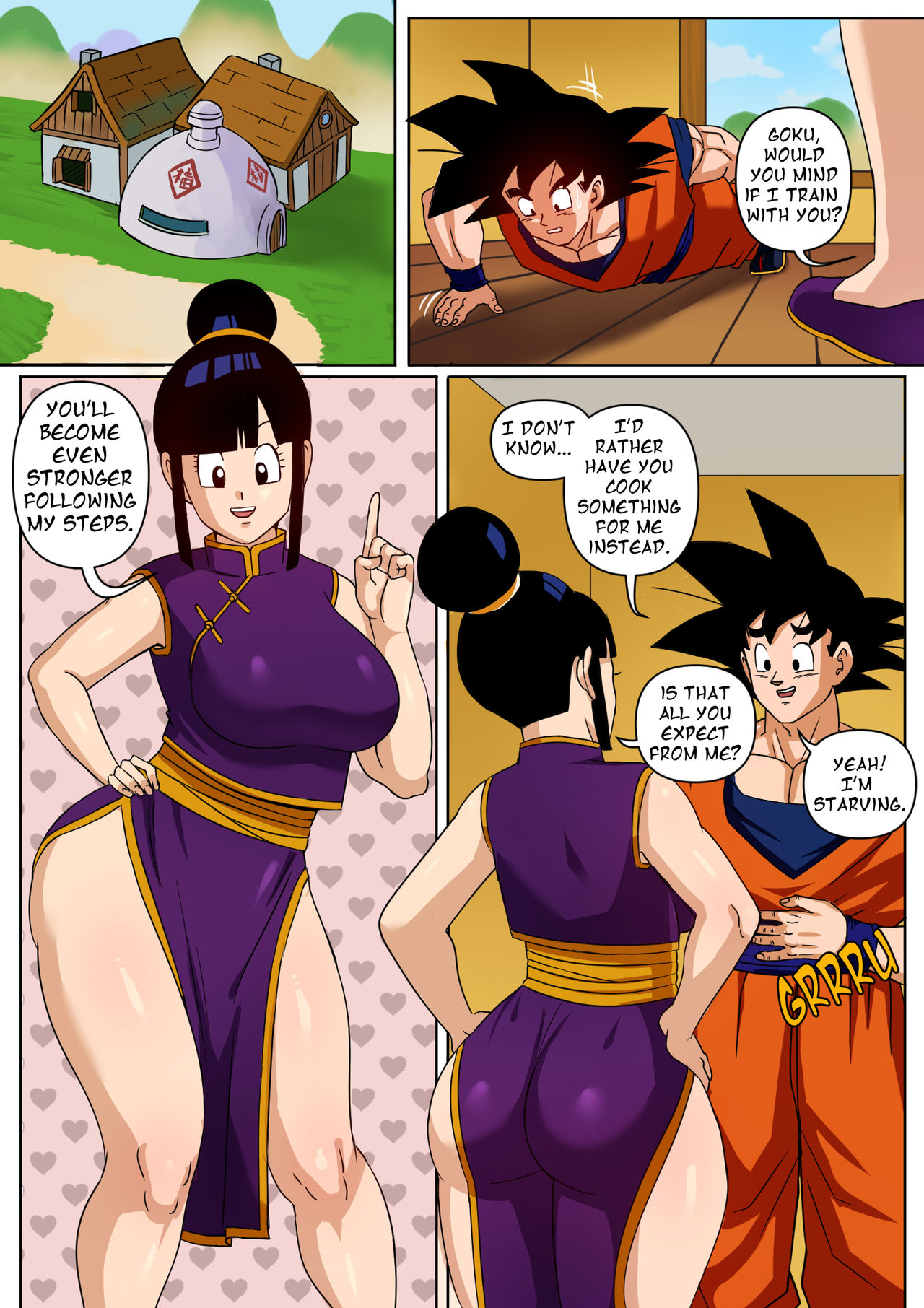 1boy, 1girls, ass, bare legs, black eyes, black hair, canon couple, chichi, china dress, comic, dialogue, dragon ball, dragon ball z, english text, female, full color, goku, hair bun, husband and wife, light skin, light-skinned female, light-skinned male, male, muscular, muscular male, page 1, pinkpawg, push-up, push-ups, pushups, saiyan, sleeveless dress, son goku