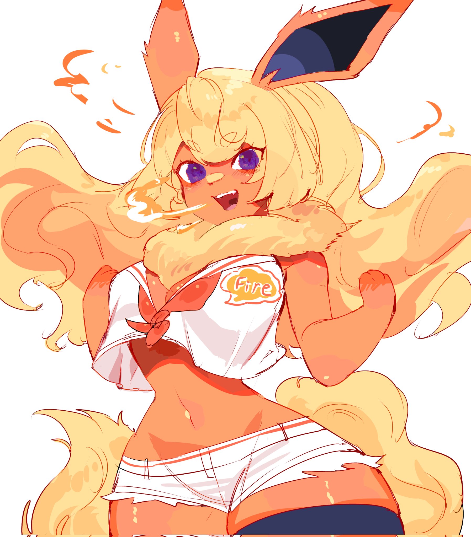 anthro, big breasts, breasts, cleavage, clothed, clothing, cute, cute face, eeveelution, female, female only, flareon, hair, hi res, long hair, looking at viewer, nintendo, pokemon, pokemon (species), purple eyes, solo, solo female, togetoge, under boob, yellow hair