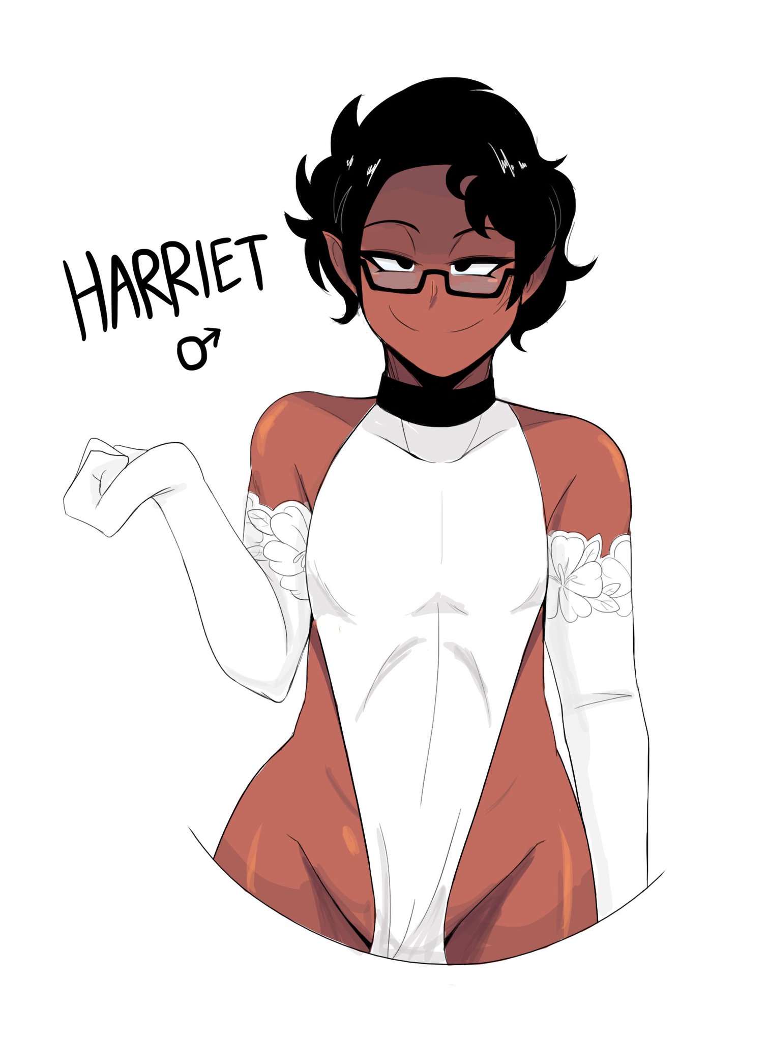 androgynous, androjuniarto, crossdressing, dark skin, dark-skinned femboy, dark-skinned male, femboy, glasses, harriet, large hips, looking at viewer, male, male only, original character, pointy ears, smirk, smirking, solo male, tagme, white background