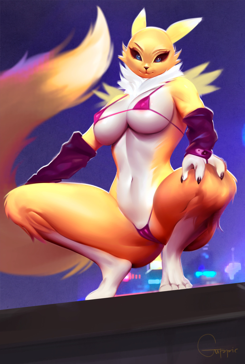 2021 absurd_res anthro bandai_namco bending_down big_breasts bikini black_sclera blue_eyes breasts cameltoe canid canine clothing digimon digimon_(species) female fingerless_gloves fox fur gloves guppic hands_on_knees handwear hi_res looking_at_viewer mammal micro_bikini navel partially_visible_vulva renamon signature solo swimwear yellow_body yellow_fur