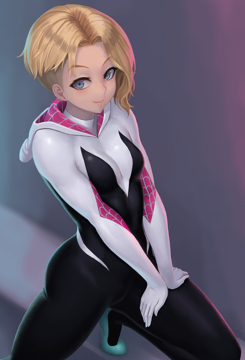 adorable, asymmetrical hair, blonde hair, blue eyes, costume, cute, female, gwen stacy, marvel, marvel comics, short hair, spider-gwen, spider-man (series), spider-man: into the spider-verse, tagme, tight clothing