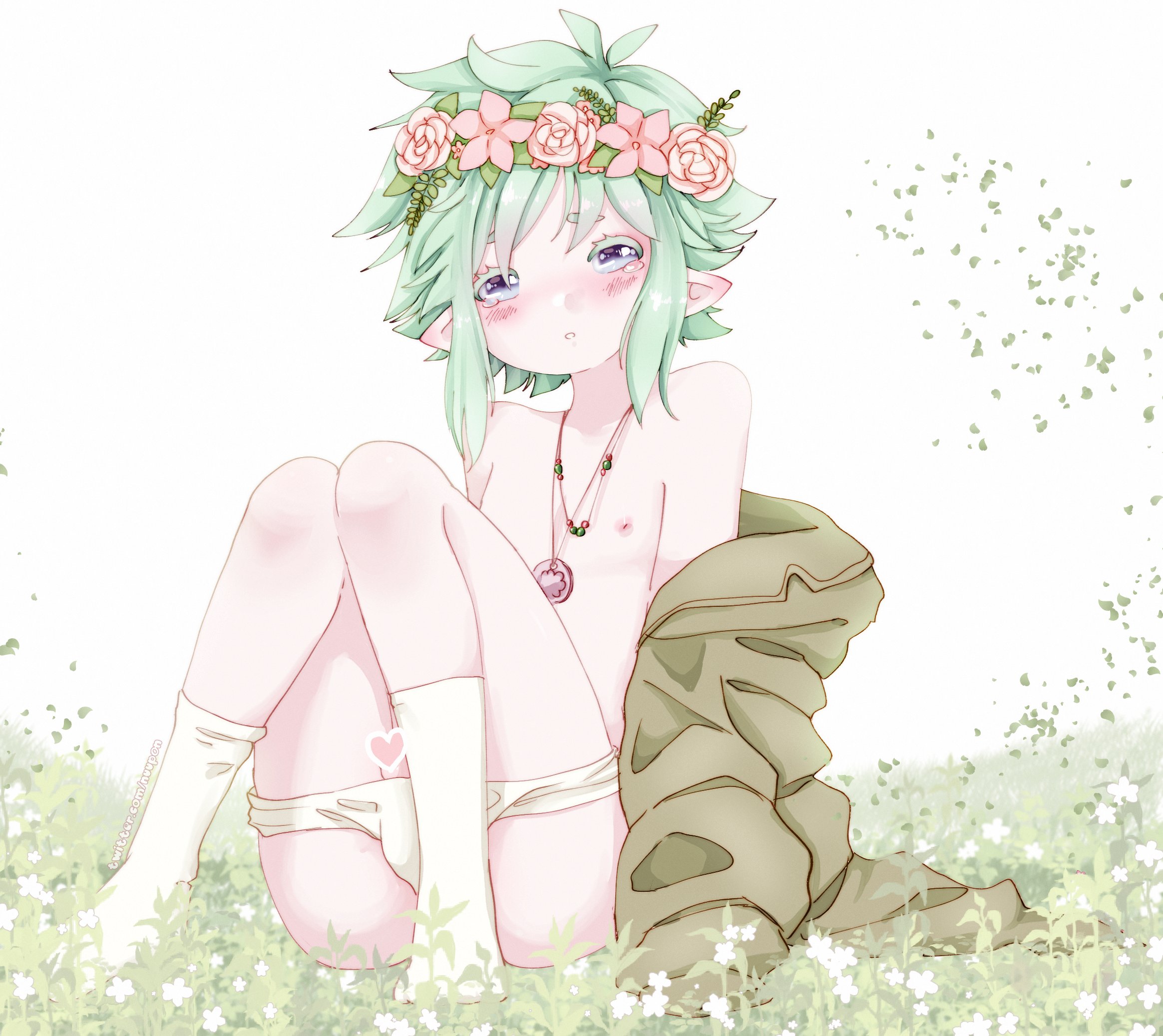 basil (headspace) (omori), basil (omori), feet, femboy, green hair, male, nuupon, omori, purple eyes, socks, trap, twink, white panties, white socks