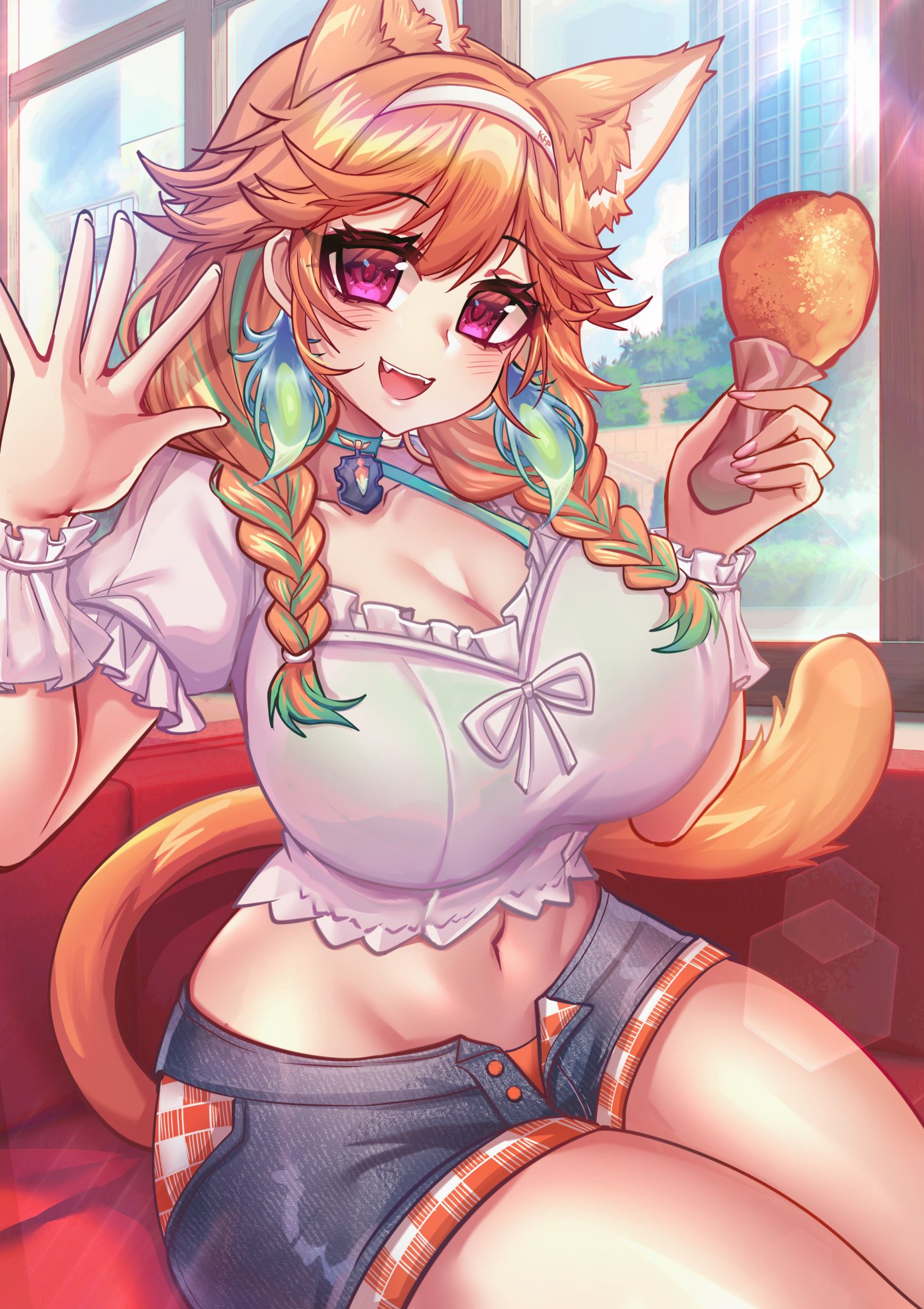 big breasts, braid, braided twintails, breasts, cat ears, cat girl, cat tail, catgirl, chicken, cleavage, curvy, female, green hair, green highlights, hololive, hololive english, hololive myth, huge breasts, looking at viewer, orange hair, osiimi, restaurant, shorts, sitting, streaked hair, takanashi kiara, takanashi kiara (2nd costume), thick thighs, twintails, two-tone hair, virtual youtuber, wide hips