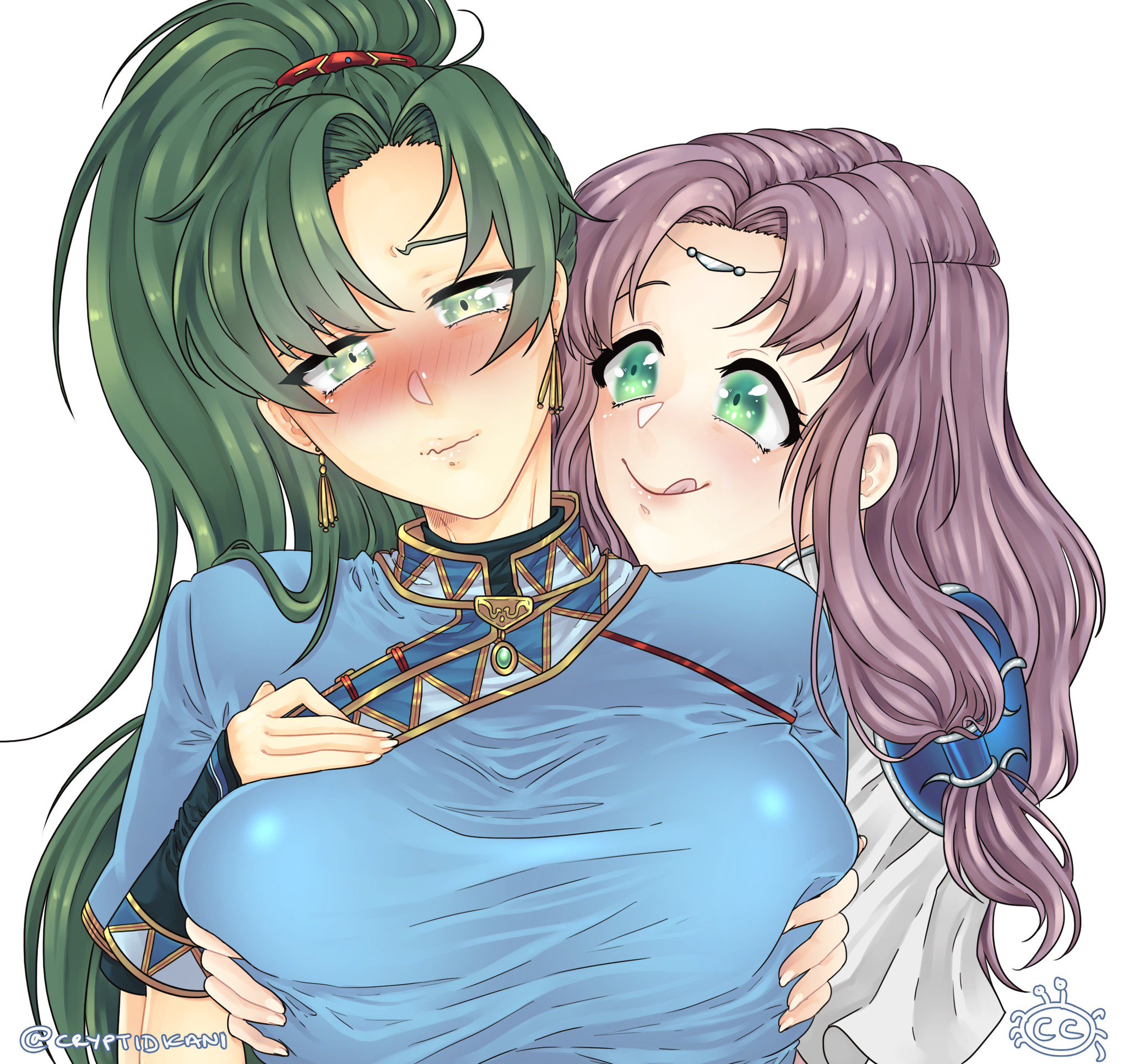 2girls, blush, breast grab, breasts, clothed, cryptid crab, double breast grab, embarrassed, female, female only, female pervert, fire emblem, fire emblem: the blazing blade, florina (fire emblem), fully clothed, green eyes, green hair, groping, groping from behind, human, large breasts, licking lips, lyn (fire emblem), lyndis (fire emblem), nintendo, ponytail, purple hair, yuri
