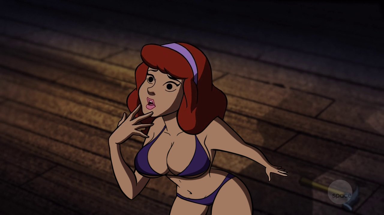 1girls, bra, daphne blake, female, female only, hairband, hanna-barbera, human, human female, mostly nude, panties, purple bra, purple panties, red hair, scooby-doo, signature, solo, text, underwear