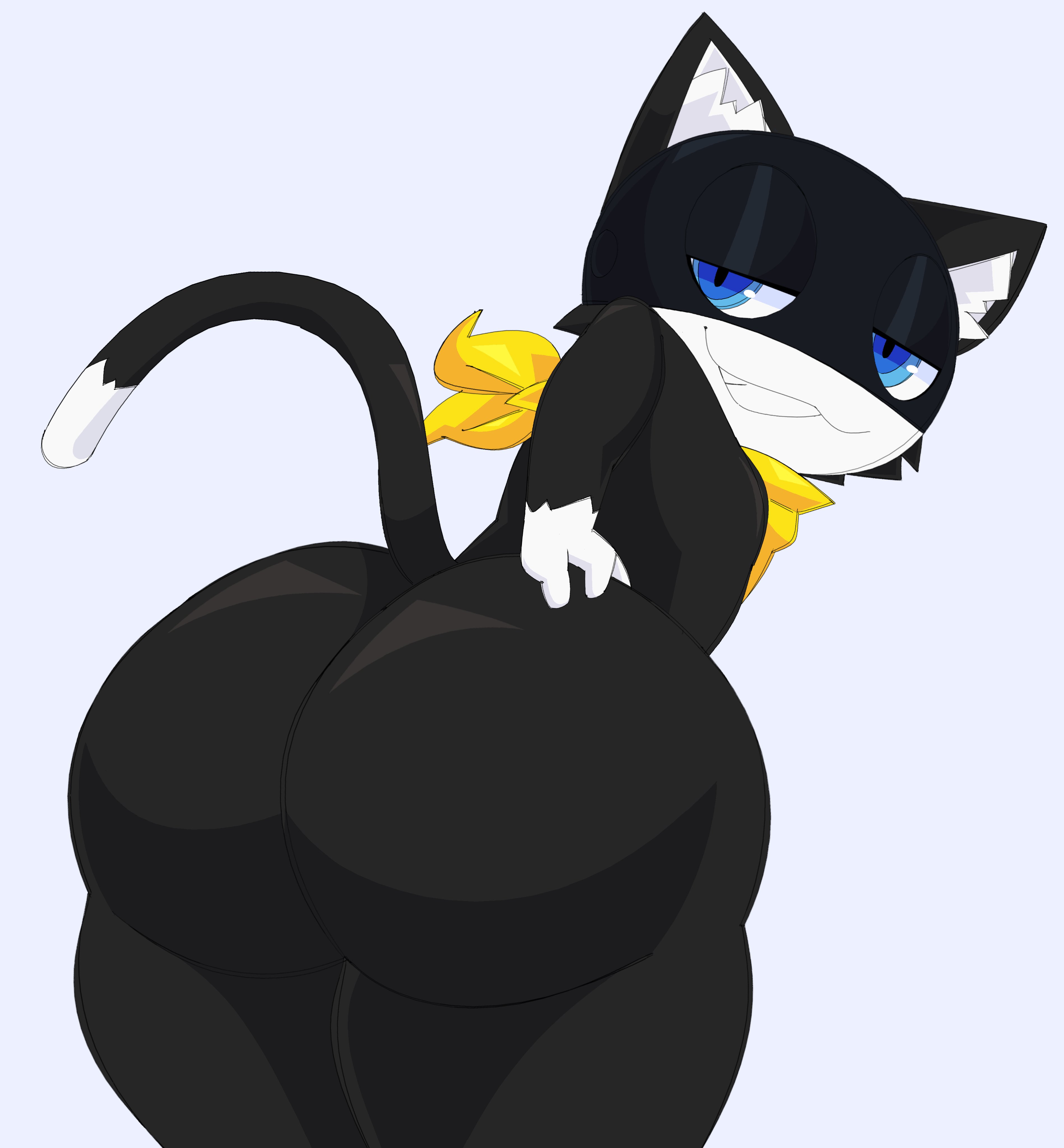 ass, ass grab, atlus, big ass, big butt, black body, black skin, blue eyes, butt grab, cat ears, cat tail, cytrusawa, feline, looking at viewer, looking back, male, male only, morgana (persona), persona, persona 5, smile, solo, solo male, tagme