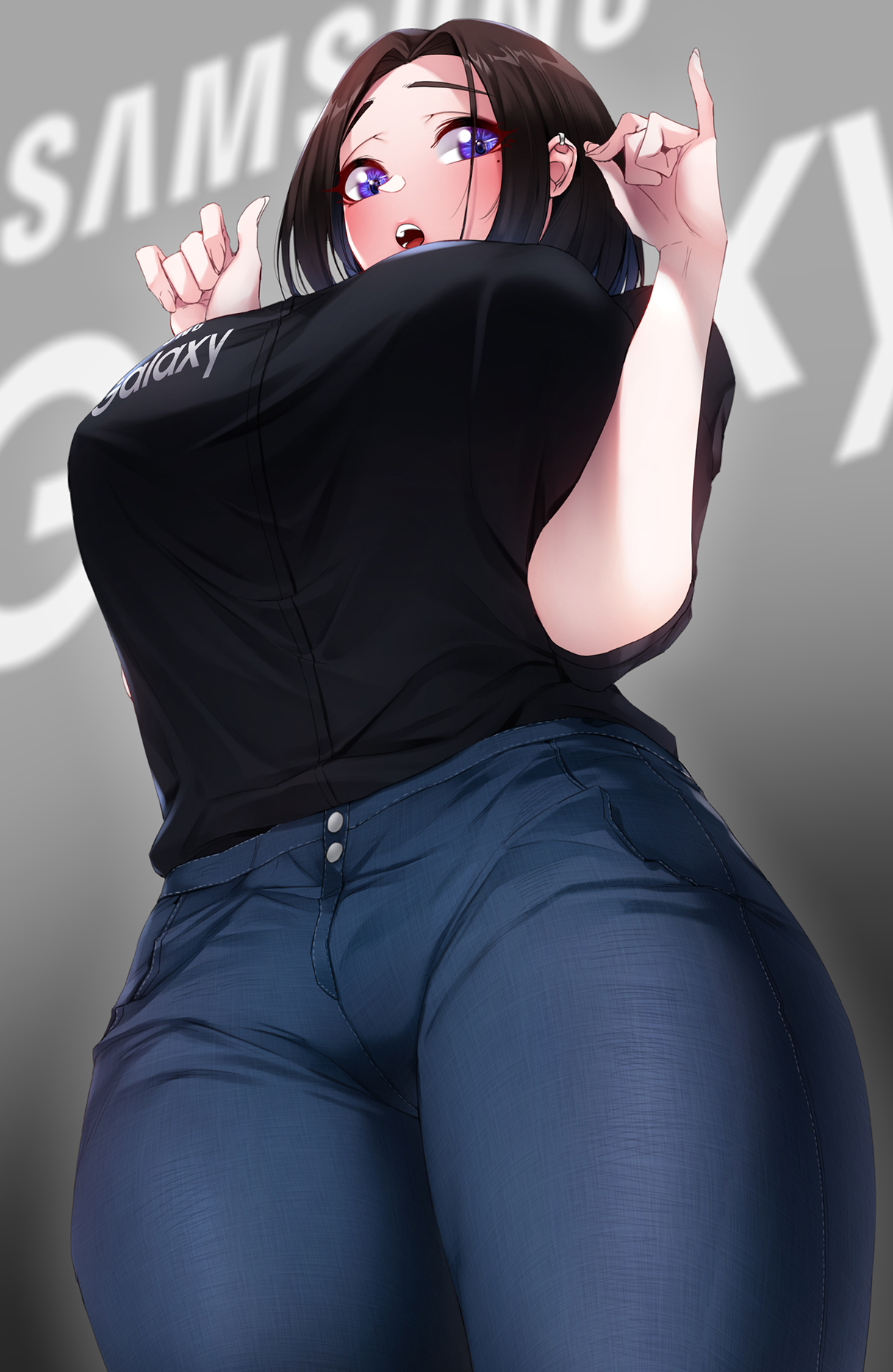1girls, akchu, alternate version available, big breasts, black shirt, blue pants, blush, breasts, brown hair, cowboy shot, curvaceous, eyebrows, female, female focus, female only, grey background, hand up, hands up, hi res, high resolution, highres, hips, huge breasts, jeans, large breasts, long sleeves, looking at viewer, looking down, low-angle view, medium hair, open mouth, pants, purple eyes, samsung, samsung sam, shiny hair, shirt, simple background, solo, solo female, solo focus, standing, teeth, text, thick, thick thighs, thighs, tongue, viewed from below, wide hips