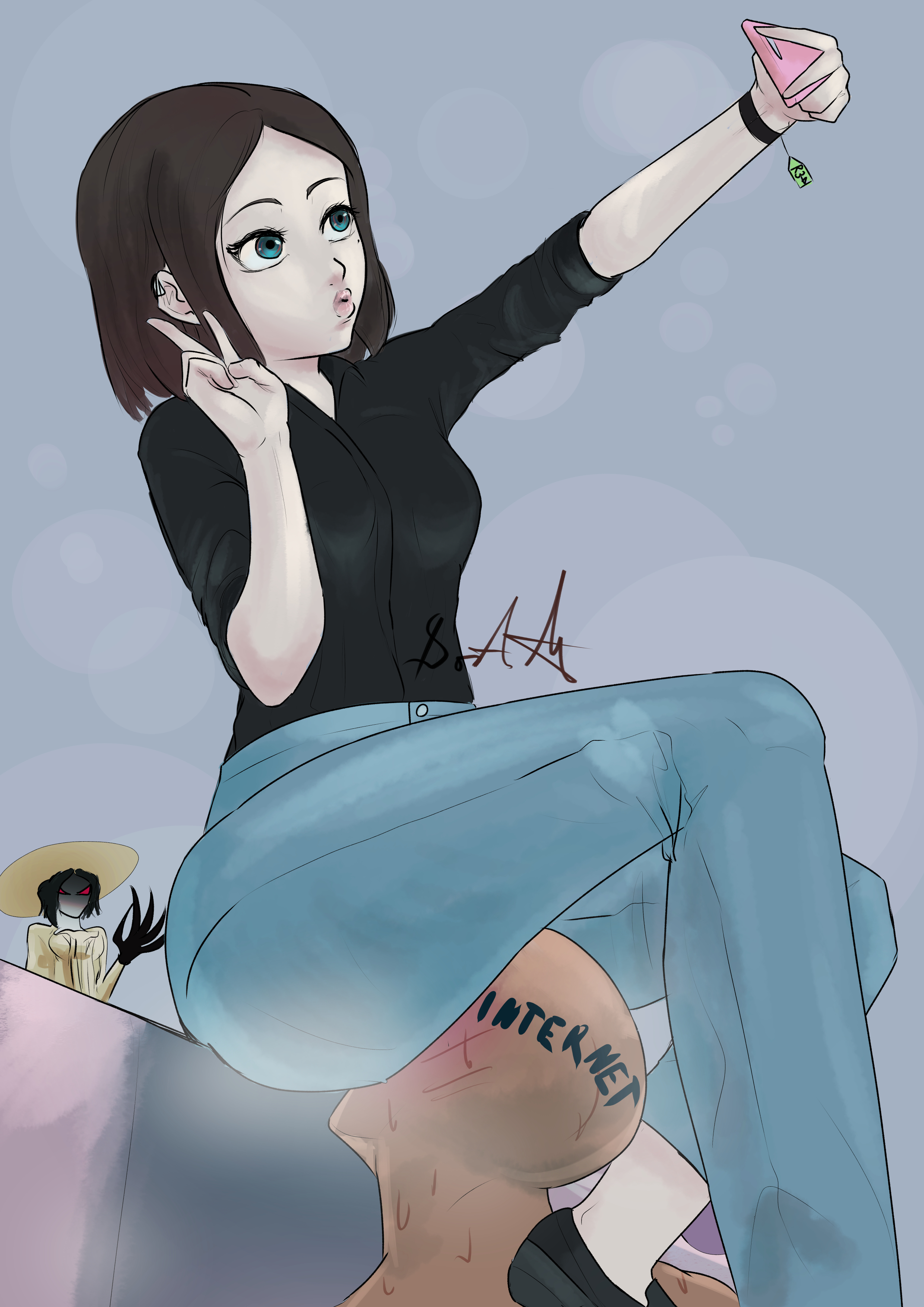 1boy, 2girls, alcina dimitrescu, ass, big ass, blue eyes, brown hair, capcom, crossover, doktor malefic, facesitting, female, femdom, jeans, male, resident evil, resident evil 8: village, samsung, samsung sam, selfie, smartphone, straight
