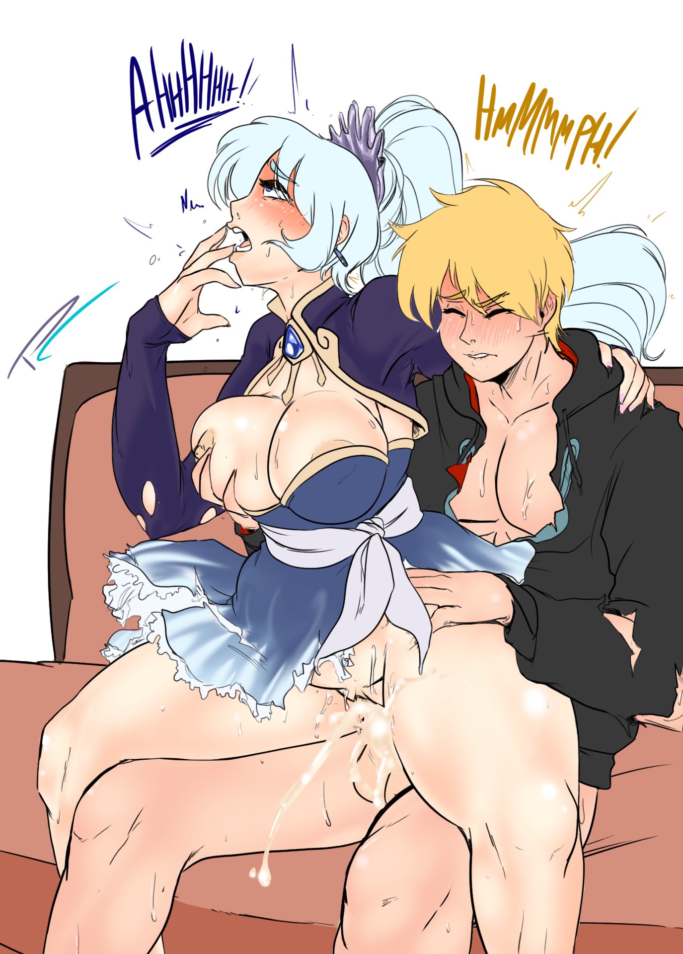 1boy, 1girls, ahe gao, alternate breast size, balls, blonde hair, bottomless, breast grab, breast squeeze, breasts, chair position, closed eyes, clothed sex, couch sex, cum, cum in pussy, cum inflation, cum inside, dress, english text, fakeryway, female, jaune arc, large breasts, looking pleasured, male, male/female, moaning, muscular, muscular chest, muscular male, nipples, penis, pleasure castle, pussy, pussy juice, rooster teeth, rwby, sex, simple background, stomach bulge, straight, sweat, text, weiss schnee, white background, white hair