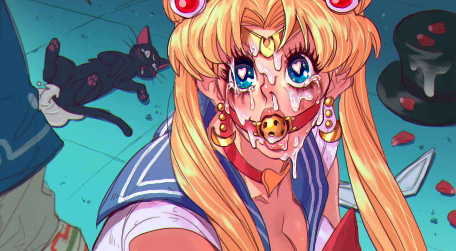 1boy, 1girls, a cat is fine too, ball gag, bishoujo senshi sailor moon, blonde hair, blue eyes, breasts, breath of the wild, choker, cleavage, clothing, crossover, cum, cum on face, earrings, faceless male, female, female focus, gag, glasses, hat, heart-shaped pupils, heye boy devil sphincter, link, long hair, luna (sailor moon), male, meme, nintendo, ruined makeup, runny nose, sailor moon, sailor moon redraw challenge, the legend of zelda, top hat, twintails, usagi tsukino, zoophilia