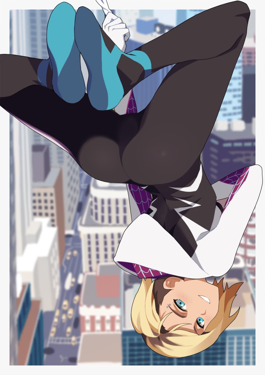 blonde hair, blue eyes, costume, eyebrow piercing, female, gwen stacy, marvel, marvel comics, shaved side, short hair, spider-gwen, spider-man (series), spider-man: into the spider-verse, tagme