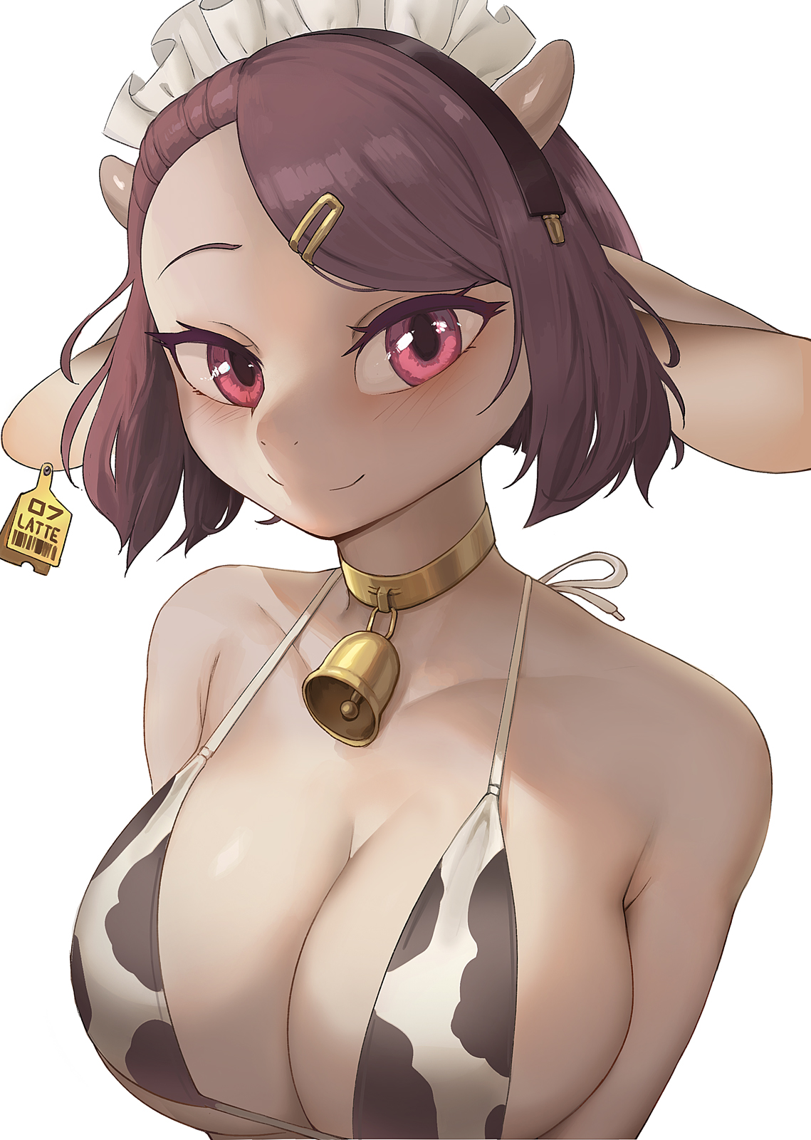 1girls, big breasts, bikini, black, breasts, brown hair, cow bikini, cow ears, cow girl, cow horns, cow tail, cowgirl position, female, latte (whisperingfornothing), original, original character, small smile, tagme, violet eyes, whisperingfornothing, white