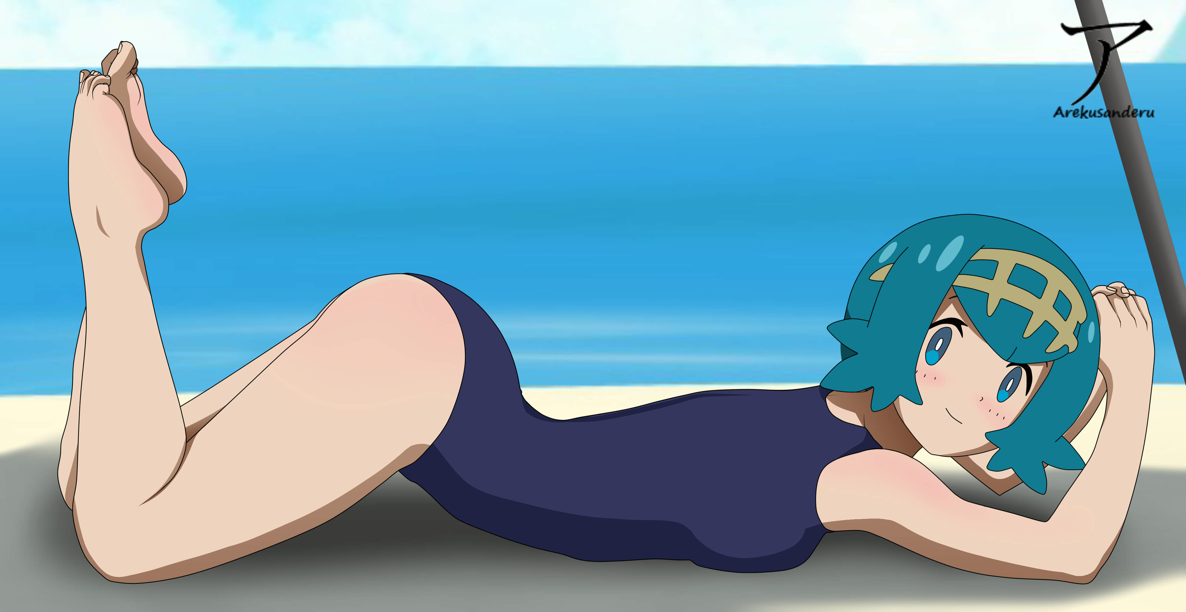 1girls, arekusanderu, barefoot, blue eyes, blue hair, blush, female, female only, lana (pokemon), laying on stomach, looking at viewer, mob face, ocean background, on stomach, pokemon, pokemon sm, shadow, solo, trial captain