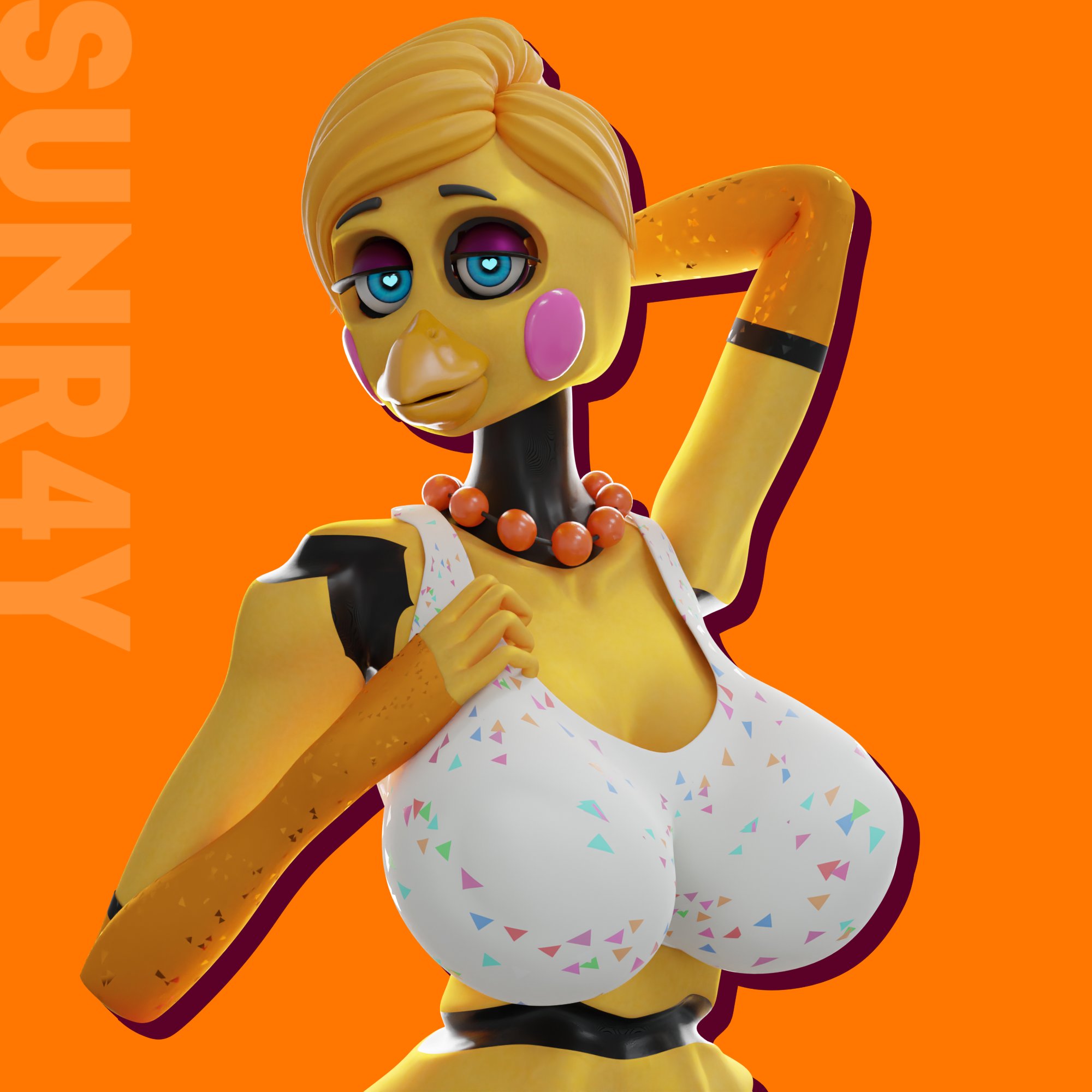 3d, animatronic, avian, avian humanoid, beak, big breasts, blender, blue eyes, bra, breasts, female, female only, five nights at freddy's, gloves (marking), hair, makeup, necklace, robot, robot girl, solo, solo focus, sunr4y, sunr4y w0rksh0p, toy chica (fnaf)