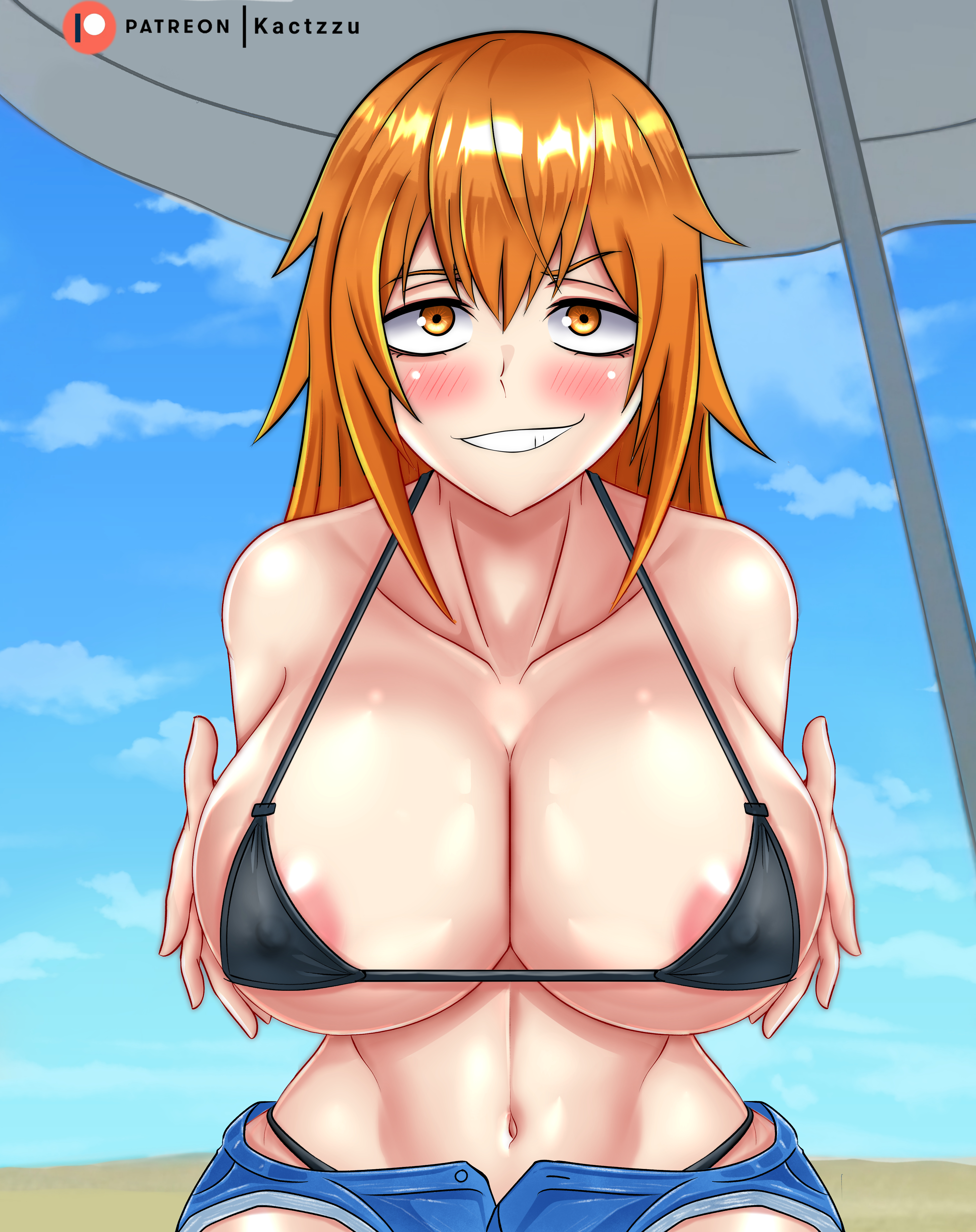 1girls, areolae, big breasts, bikini, blush, breasts, eye contact, female, female focus, gamo-chan, grabbing own breast, hi res, huge breasts, kactzzu, looking at viewer, orange eyes, orange hair, please don't bully me, nagatoro, shorts, simple background, solo, unzipped shorts, watermark