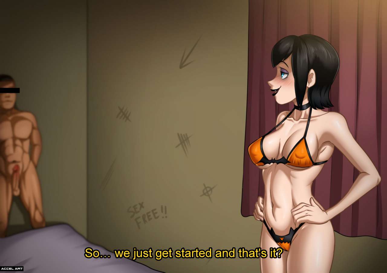1boy, 1girls, accelart, bikini, bikini top, black hair, blue eyes, bra, breasts, camera view, censored eyes, cheating, cheating girlfriend, cheating wife, english dialogue, english text, erection, female, full body, hotel transylvania, identity censor, male, mavis dracula, medium breasts, muscular, muscular male, netorare, ntr, penis, wide hips, wide thighs