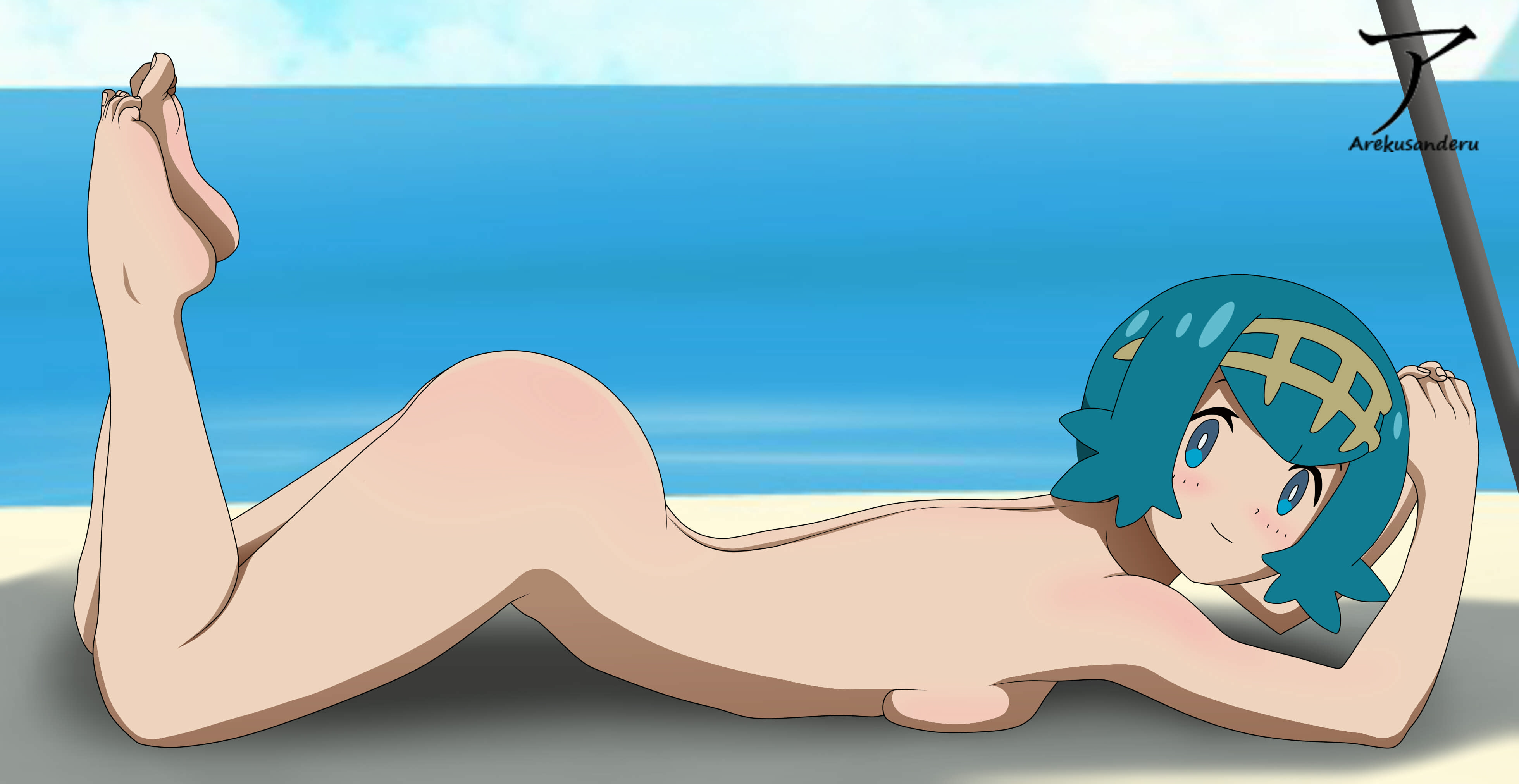 1girls, arekusanderu, barefoot, blue eyes, blue hair, blush, female, female only, human, human female, lana (pokemon), laying on stomach, looking at viewer, mob face, nude, nude female, ocean background, pokemon, pokemon sm, shadow, short hair, smiling at viewer, solo, trial captain