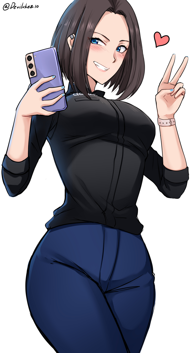 artist name, black shirt, blue eyes, blue pants, blush, brown hair, devilukez, female, heart, high resolution, holding phone, pants, phone, samsung, samsung sam, smile, tight pants, twitter username, v