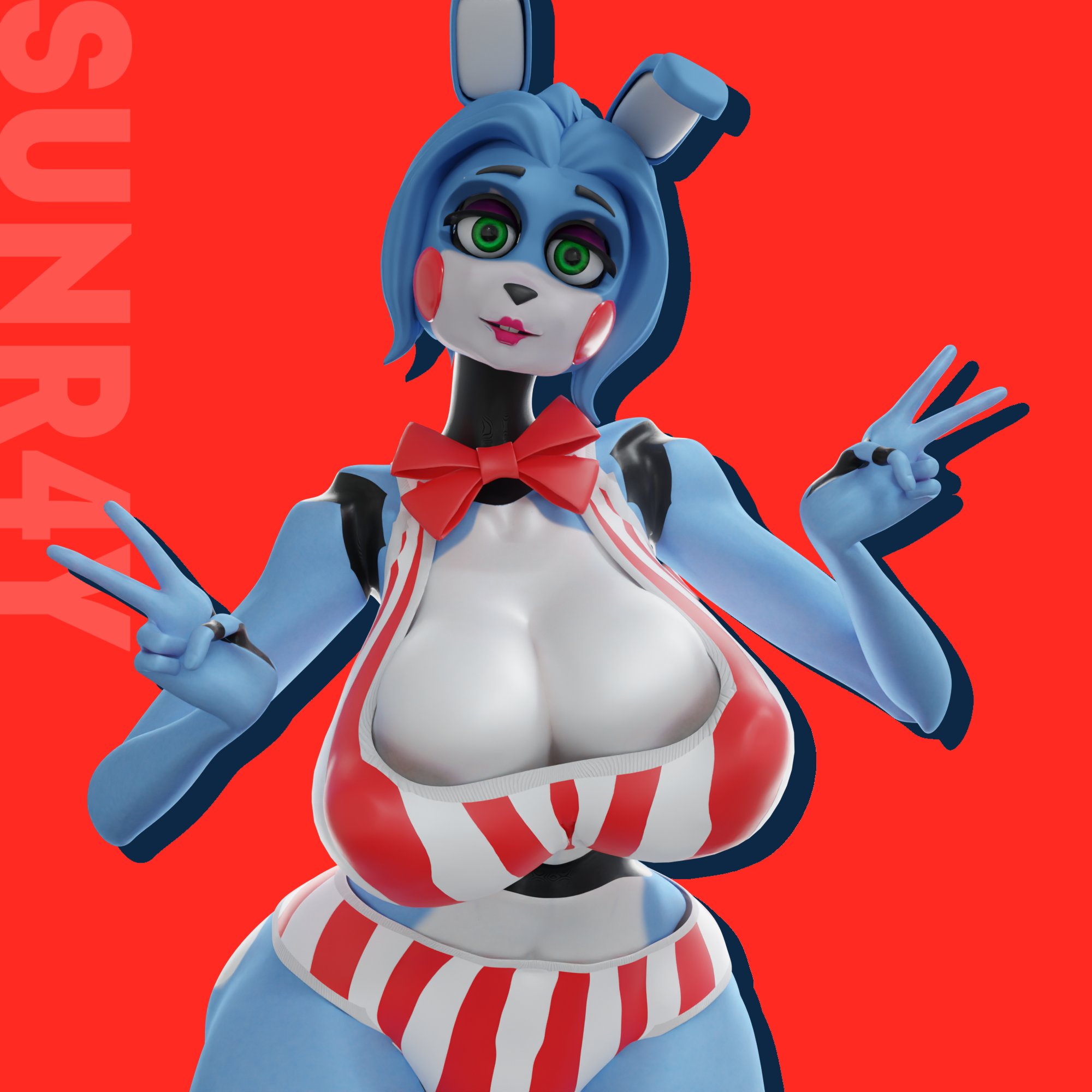 3d, animatronic, ass, big ass, big breasts, big butt, blender, bowtie, breasts, bunny ears, cleavage, cute, female, female only, five nights at freddy's, green eyes, hair, happy, makeup, peace sign, robot, robot girl, rule 63, smile, solo, solo focus, sunr4y, sunr4y w0rksh0p, toy bonnie (fnaf), underwear