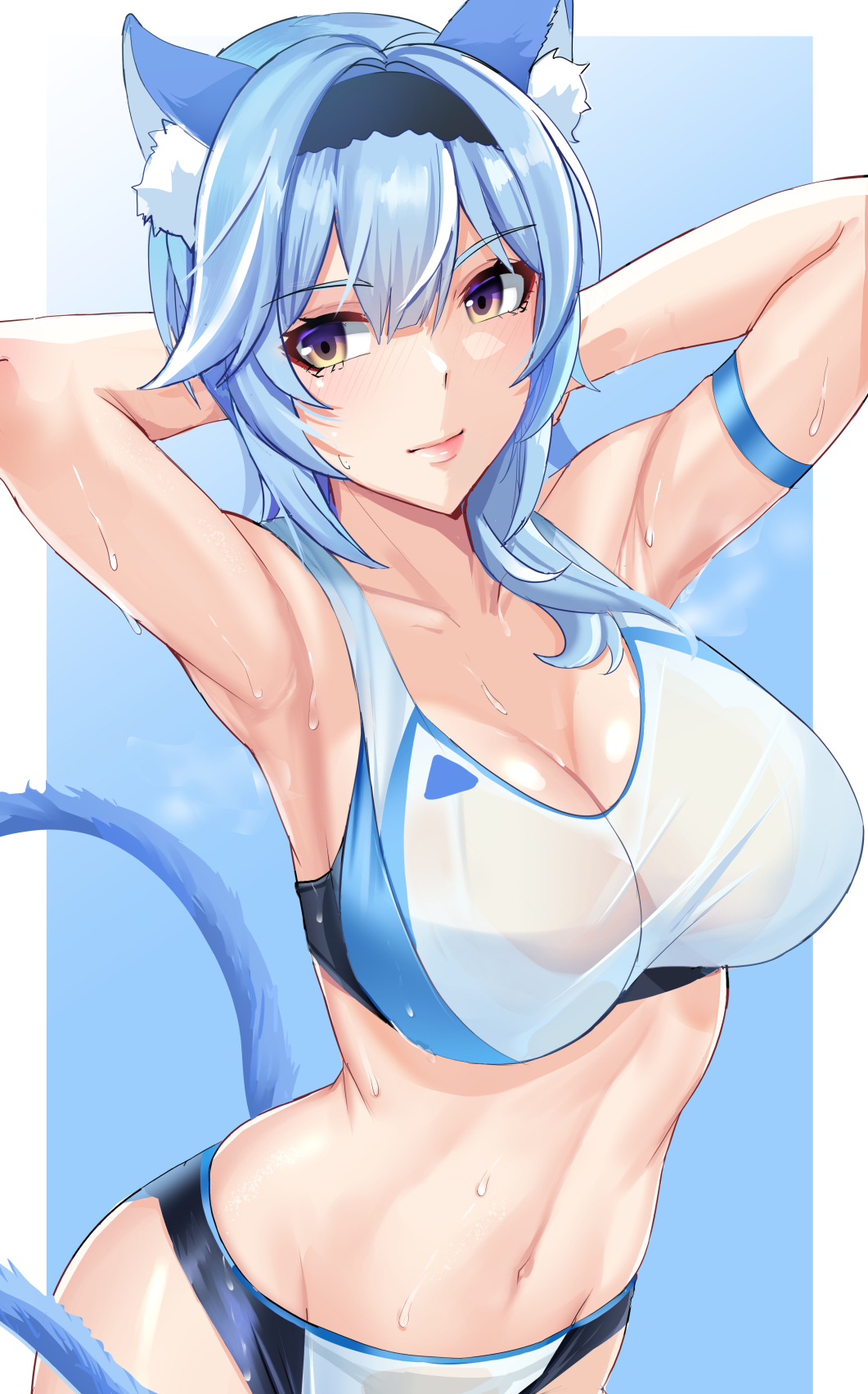 1girls armpits blue_hair blush breasts busty cat_ears cat_tail catgirl cleavage eula_(genshin_impact) female female_only genshin_impact large_breasts midriff noise_paper smile sports_bra sportswear sweat thispapernoise