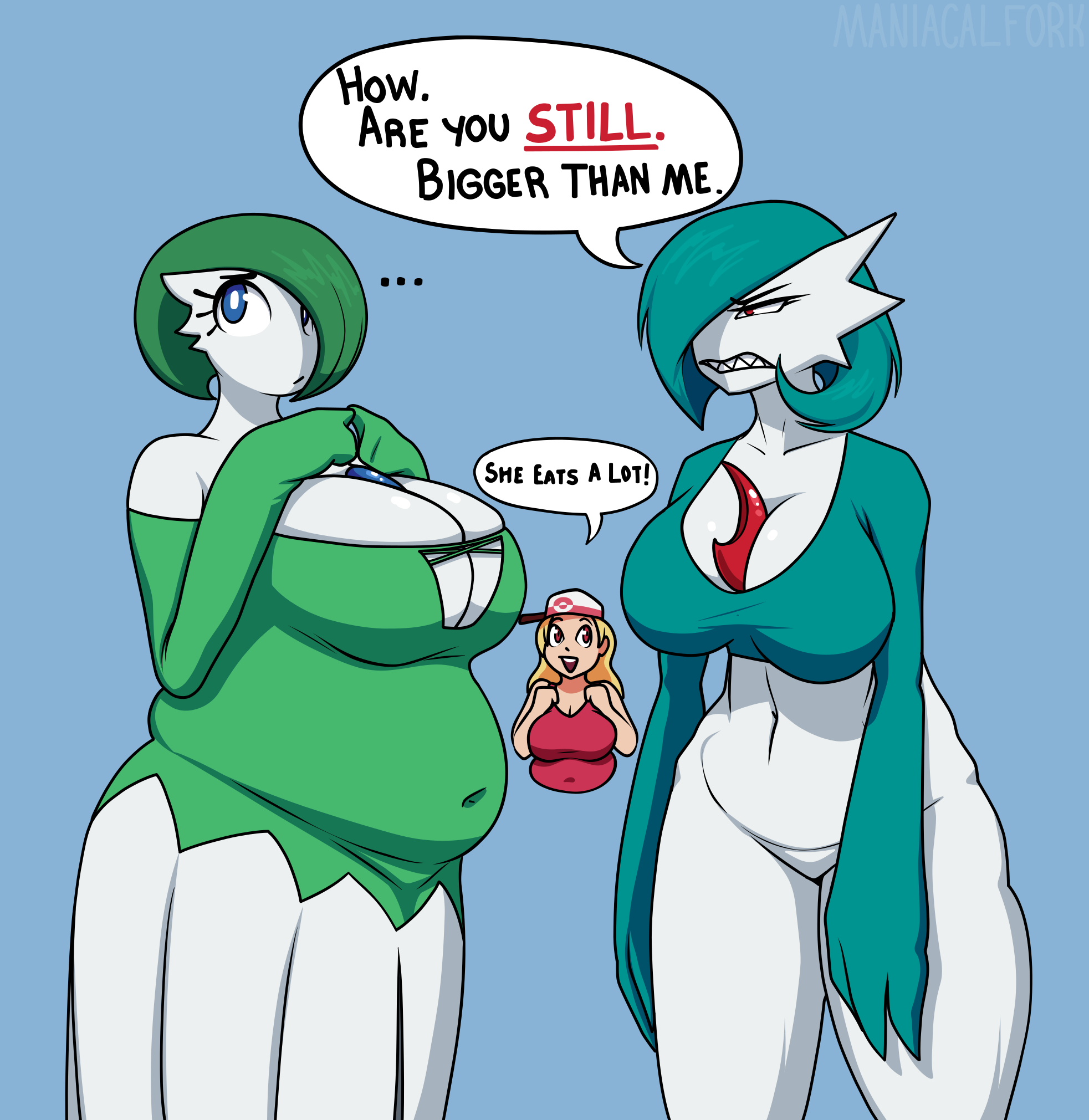 3girls, angel, belly, belly button, big belly, big breasts, blonde hair, blue background, blue eyes, breasts, chubby, clothed, clothing, dress, female, female focus, female only, game freak, gardevoir, green hair, headgear, hips, huge breasts, large breasts, long hair, looking at another, looking away, maniacalfork, muffin top, nintendo, overweight, pokémon (species), pokemon, pokemon (species), red eyes, short hair, smile, speech bubble, teeth, text, thick, thick thighs, thighs, tight clothing, tight fit, video games, wide hips