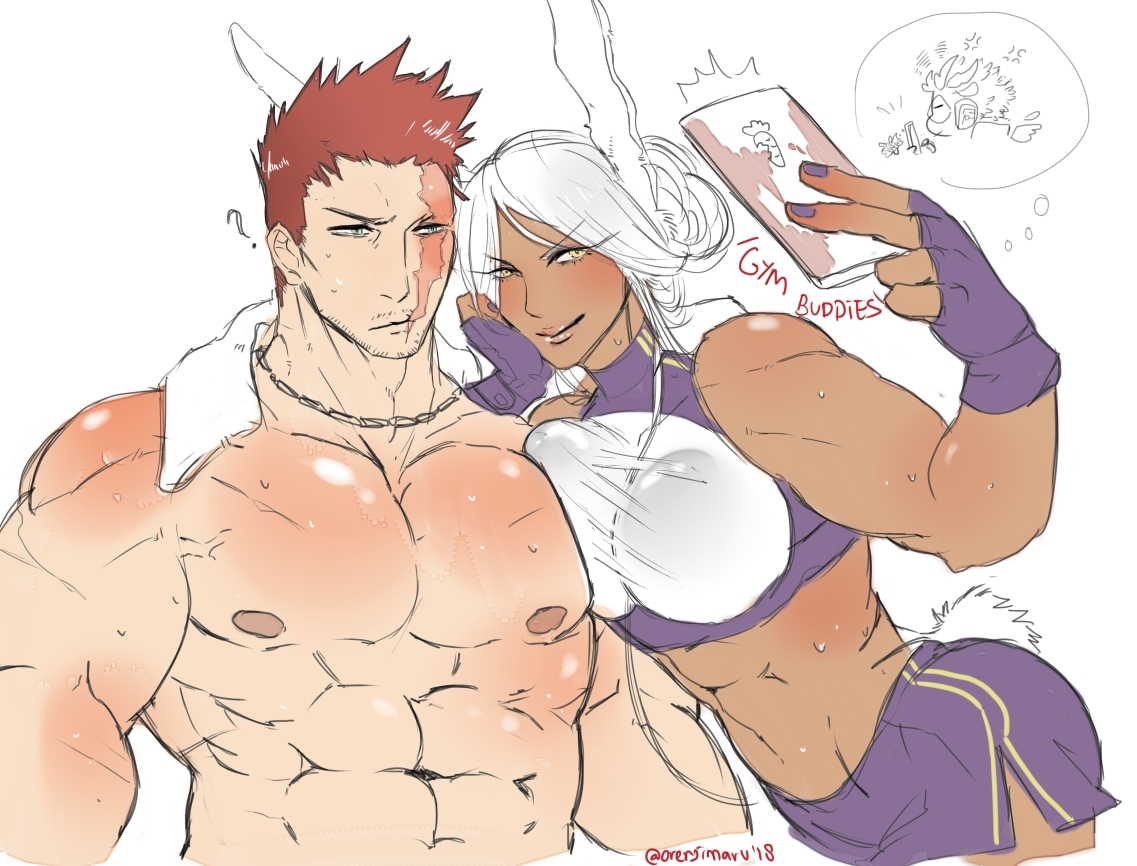 1boy, 1girls, abs, animal ears, big breasts, breast on chest, breasts, buff, bunny ears, bunny girl, bunny tail, daddy, dark skin, dark-skinned female, dilf, endeavor (my hero academia), enji todoroki, female, fingerless gloves, gym clothes, hawks (my hero academia), keigo takami, male, miruko, muscular, muscular female, muscular male, my hero academia, pecs, phone, rabbit ears, red hair, rumi usagiyama, scar, scar on face, selfie, shirtless, taking picture, white hair