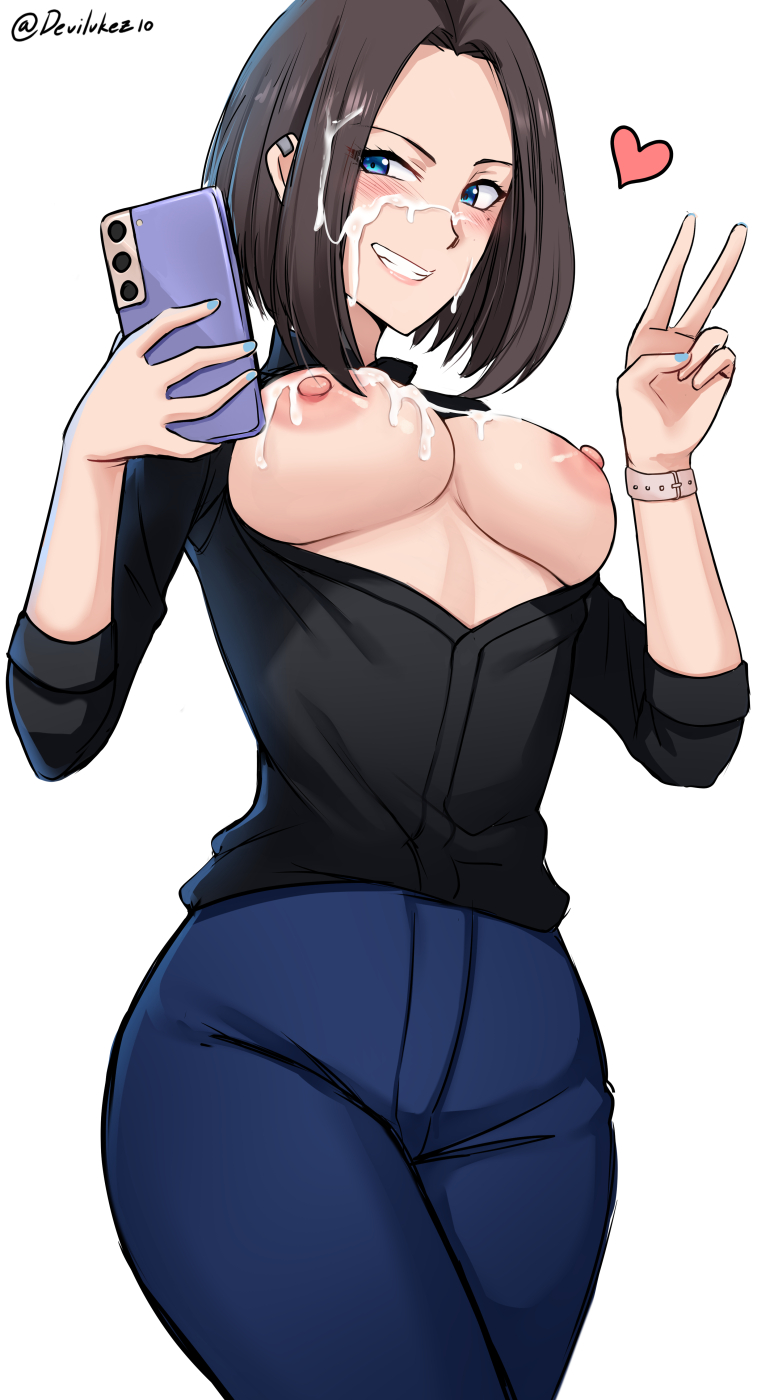 areola, artist name, black shirt, blue eyes, blue pants, blush, breasts, brown hair, cum, cum on breasts, cum on hair, devilukez, facial, female, heart, high resolution, holding phone, medium breasts, nipples, pants, phone, samsung, samsung sam, smile, tight pants, twitter username, v