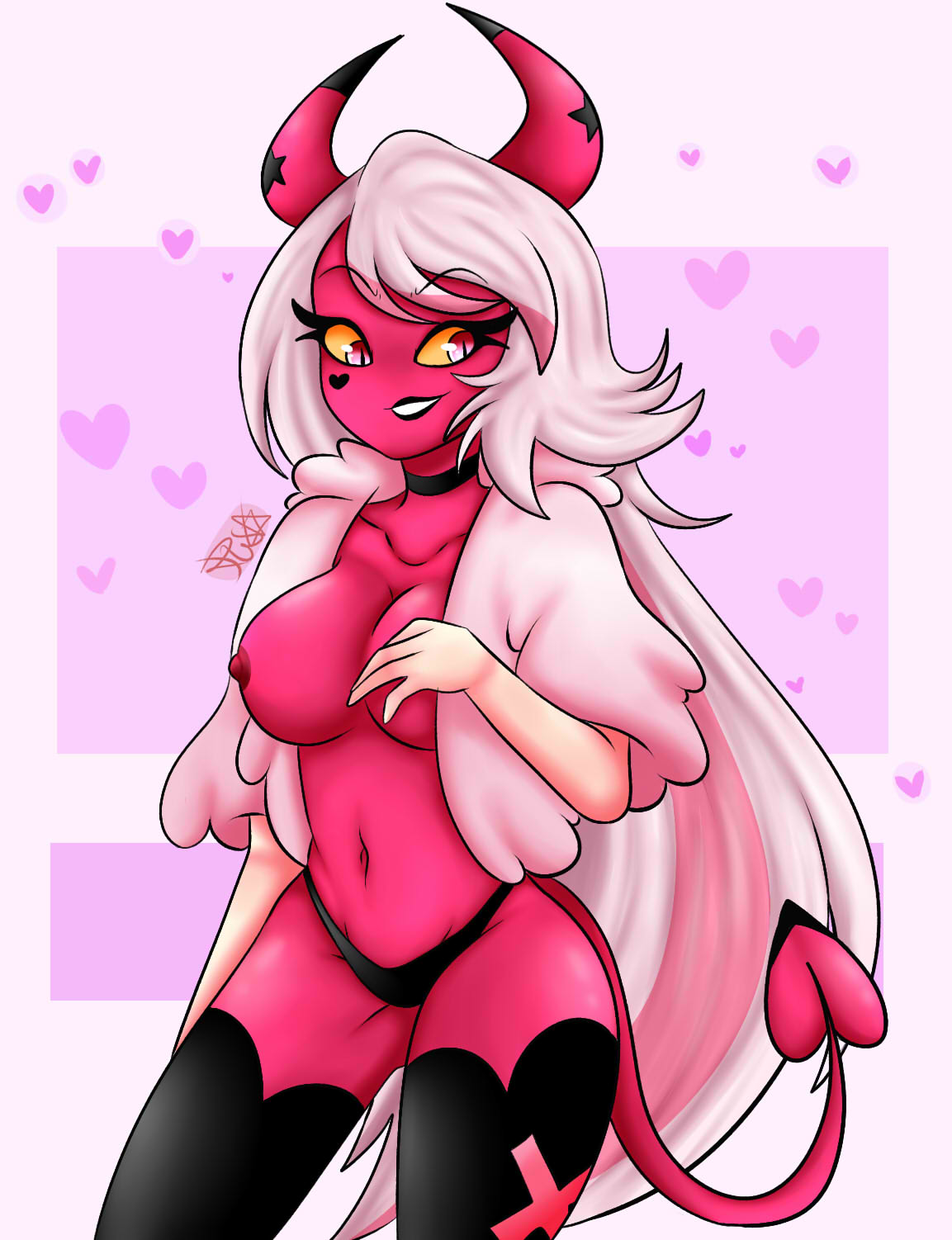 1girls, collarbone, demon, demon girl, eyebrows, eyelashes, female, hair, helluva boss, horns, isaya nekomura, makeup, navel, panties, pink body, pink eyes, pink hair, pink skin, smile, solo, succubus, tail, thighs, underwear, verosika mayday (helluva boss), very long hair, vivienne medrano, yellow sclera