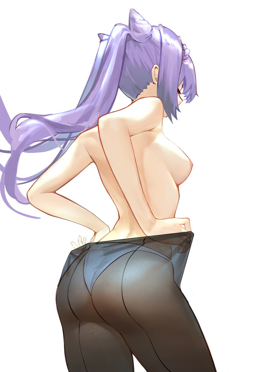 1girls, ass, bare arms, black legwear, braid, breasts, c-ongc, closed eyes, cowboy shot, female, genshin impact, hair bun, keqing (genshin impact), medium breasts, panties, panty pull, pantyhose, purple hair, see-through, sideboob, solo, solo female, solo focus, topless, twintails, white panties