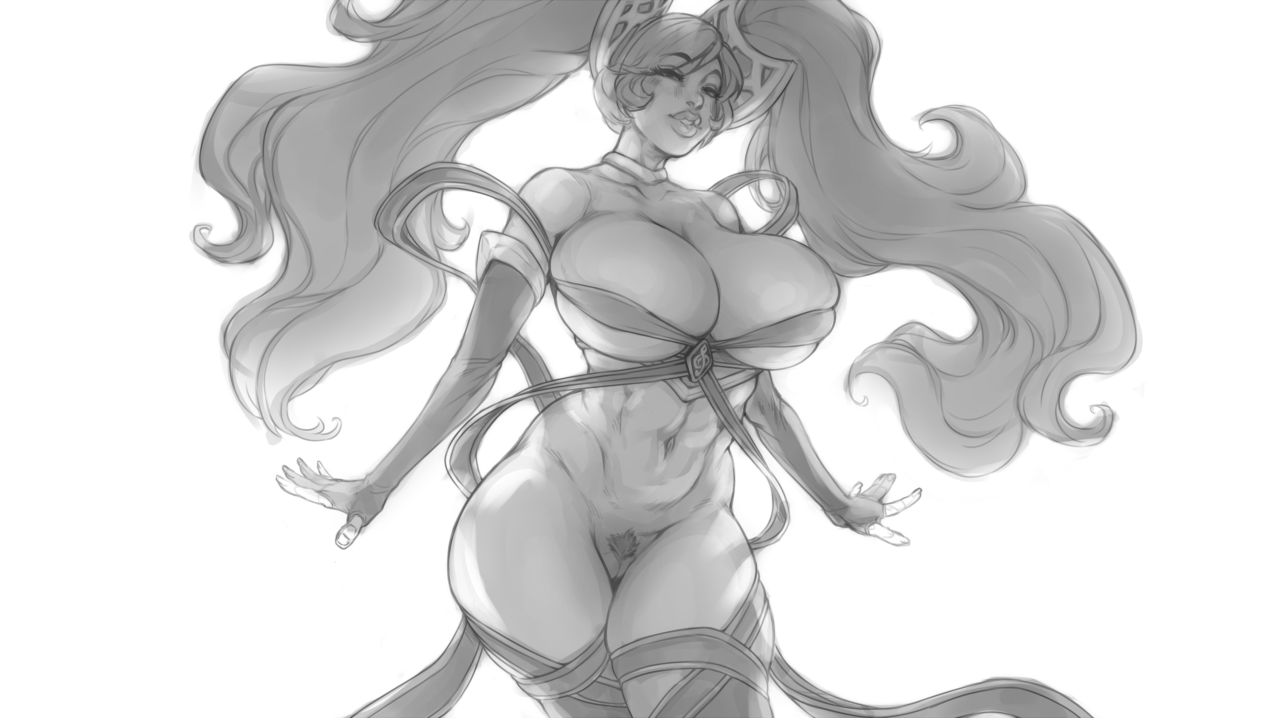 1girls, breasts, cleavage, female, female only, fizzz, huge breasts, league of legends, looking at viewer, monochrome, pubic hair, pussy, solo, sona buvelle, thick thighs, wide hips
