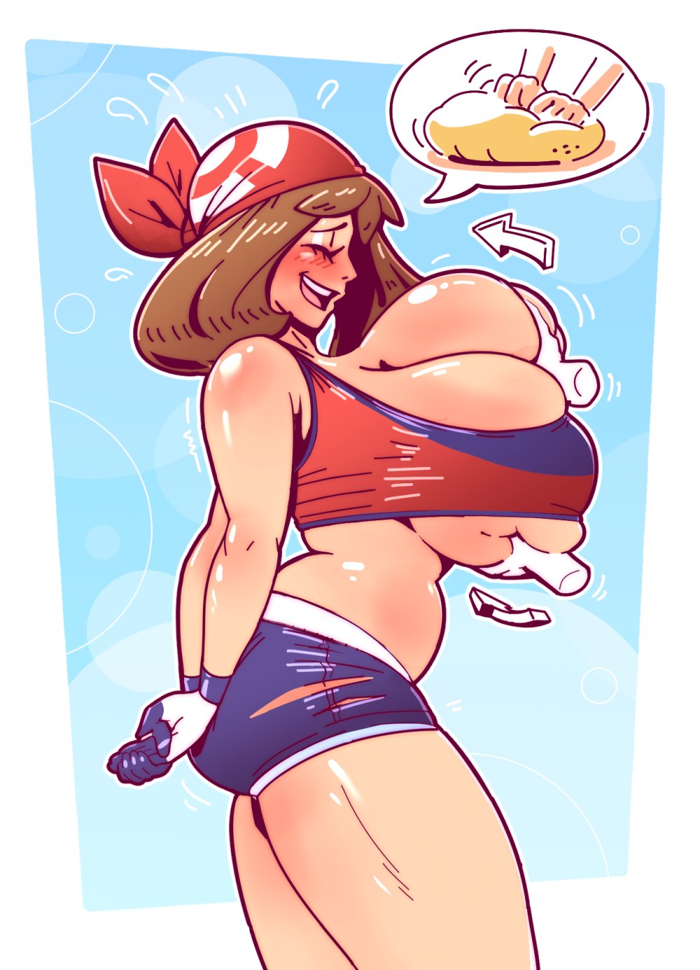 1girls, alternate breast size, ass, barely contained, belly, big ass, big butt, big thighs, breast grab, breasts, cleavage, closed eyes, female, female focus, fondling, groping, happy, heyitsnumber5, huge breasts, may (pokemon), nintendo, open mouth, open smile, pokemon, thick thighs, thighs, tight clothing, top heavy