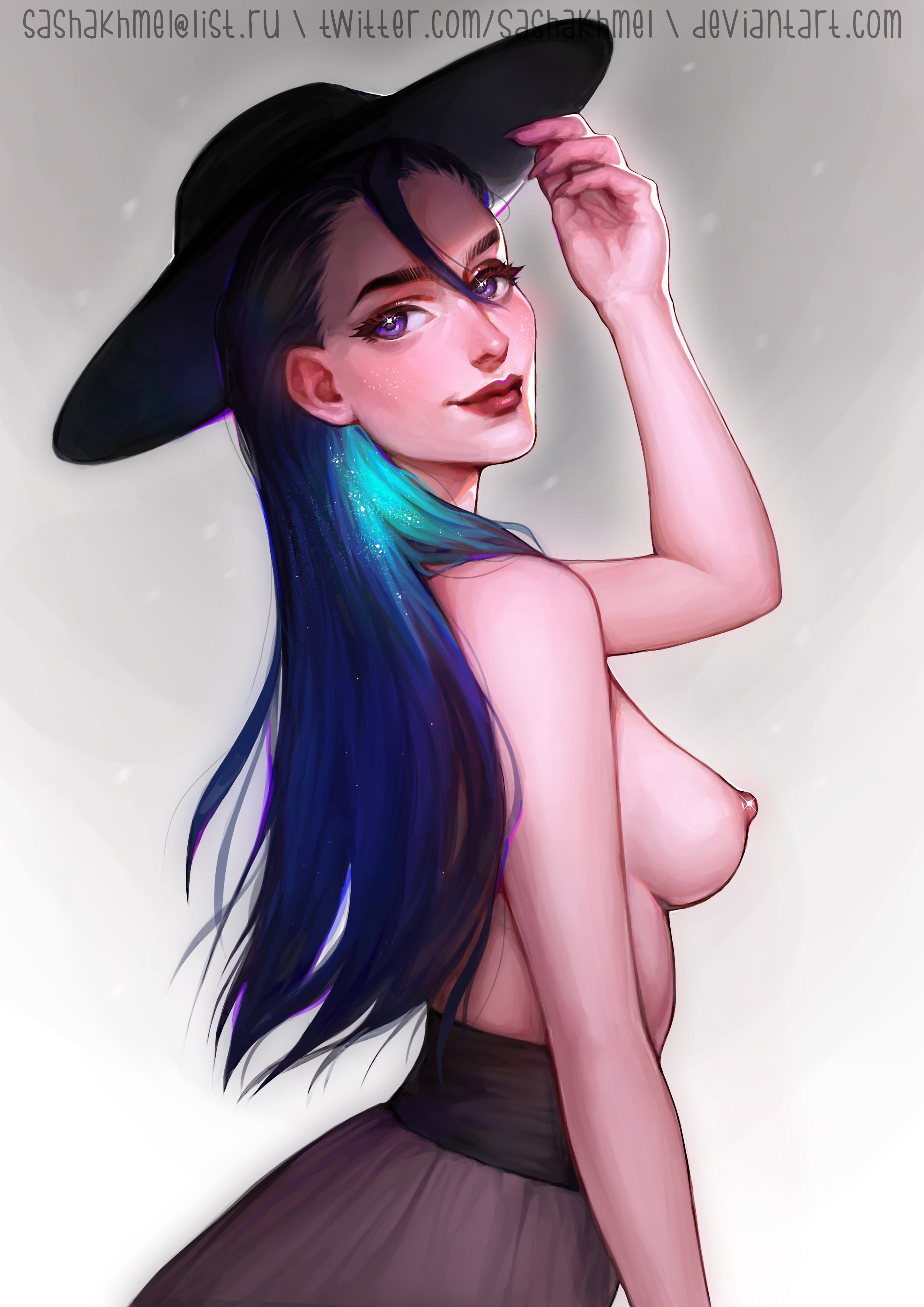 1girls, breasts, female, hat, k/da all out kai'sa, k/da all out series, kai'sa, league of legends, lips, long hair, medium breasts, nipples, over the shoulder, profile, purple eyes, sasha khmel, side view, sideboob, skirt, slim, solo, topless
