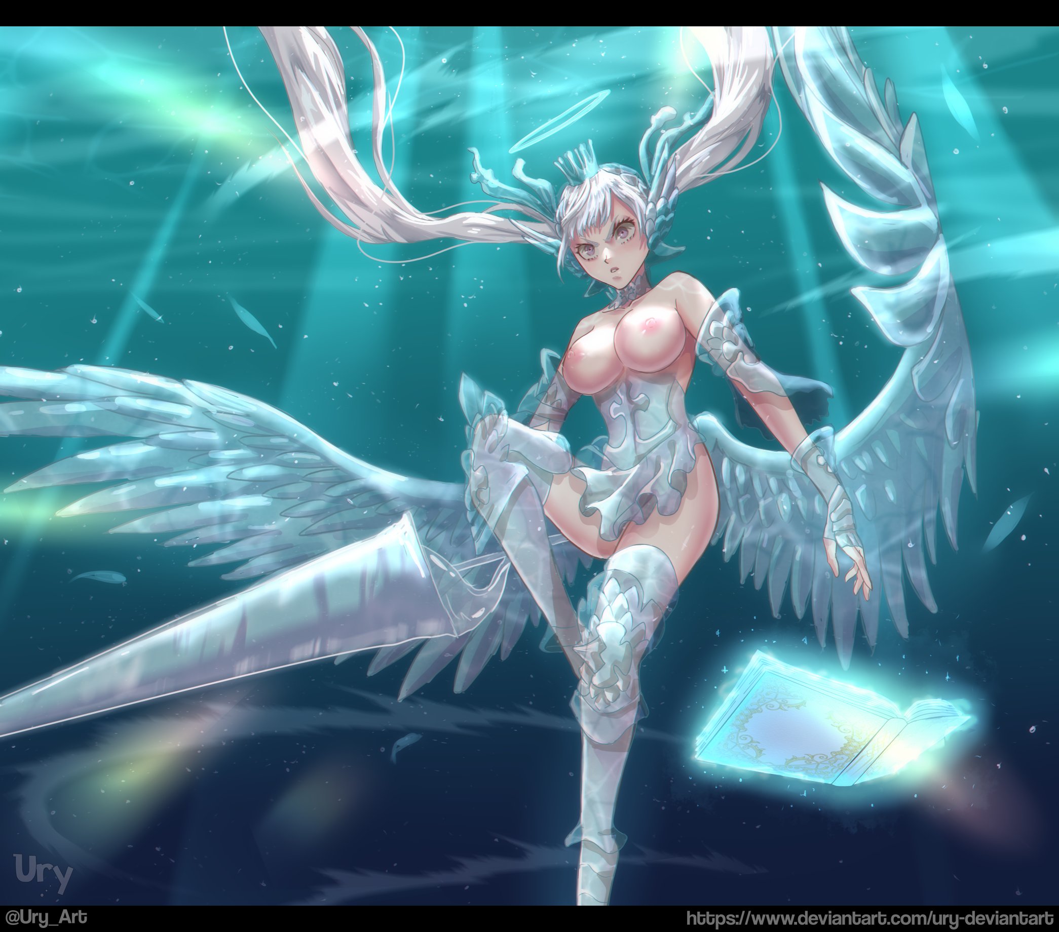 1girls, big breasts, black clover, breasts, breasts out, female, female only, noelle silva, silver hair, solo, thick legs, thick thighs, twintails, wide hips, wide thighs