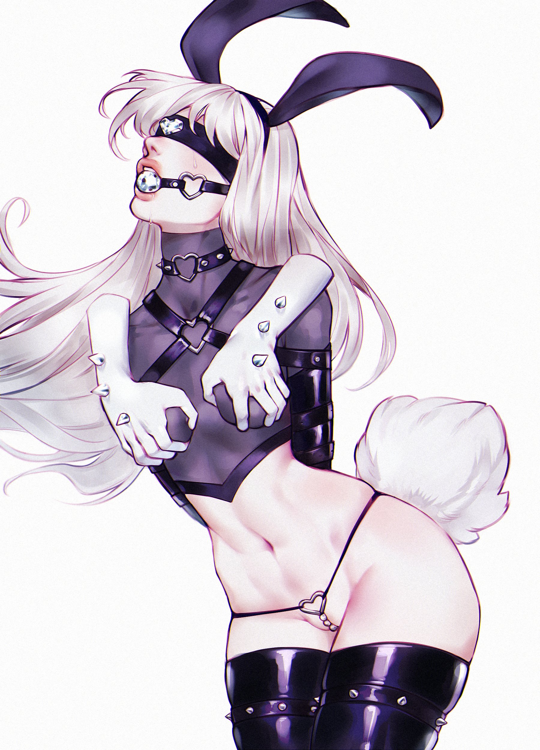 1girls, arms behind head, ball gag, blindfold, bondage, breast grab, breasts, choker, disembodied penis, eerieeyes, female, lingerie, long hair, male, pale skin, penis, skindentation, small breasts, string panties, white background, white hair