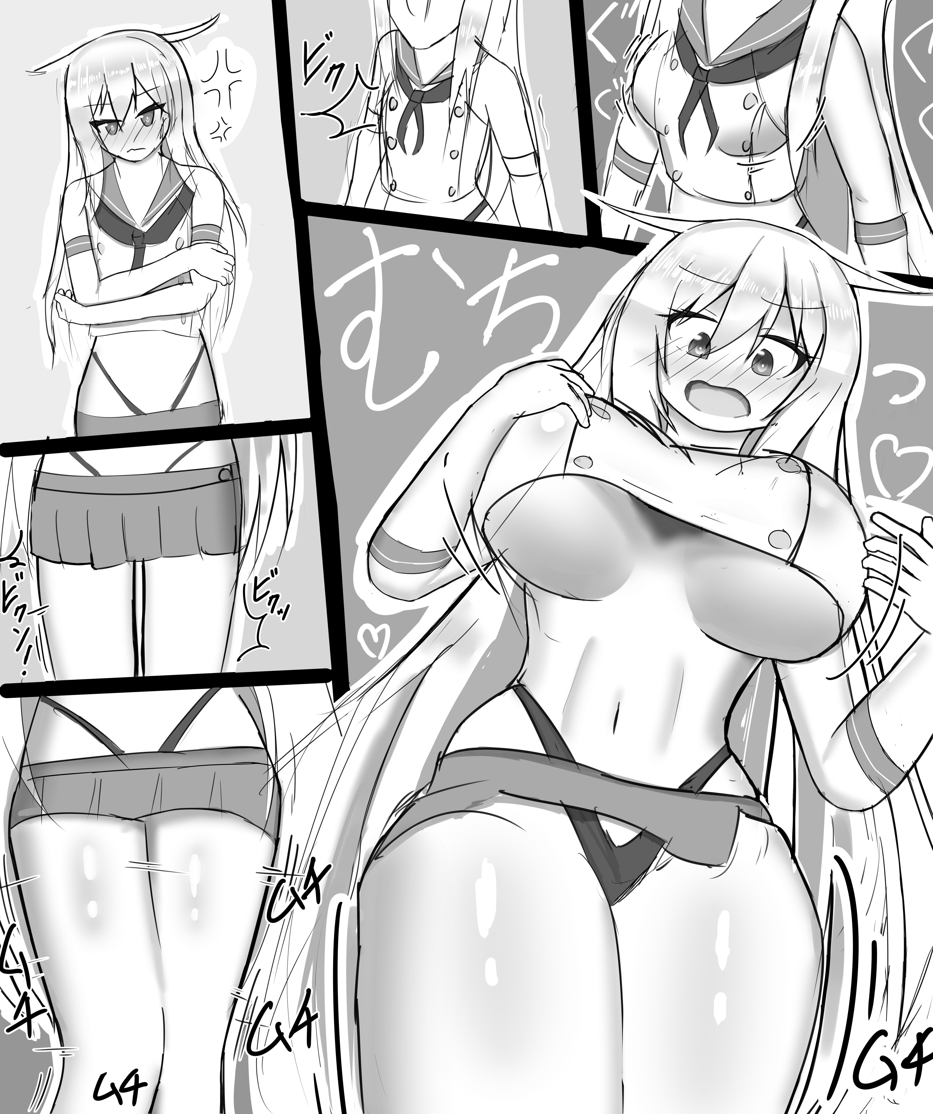 1girls, 2021, age progression, breast expansion, breast growth, breast growth (enlargement), breasts, female, greyscale, growth, kantai collection, kikuzuki (kantai collection), no bra, tagme, tefnen, thick, thick thighs, thong, underboob