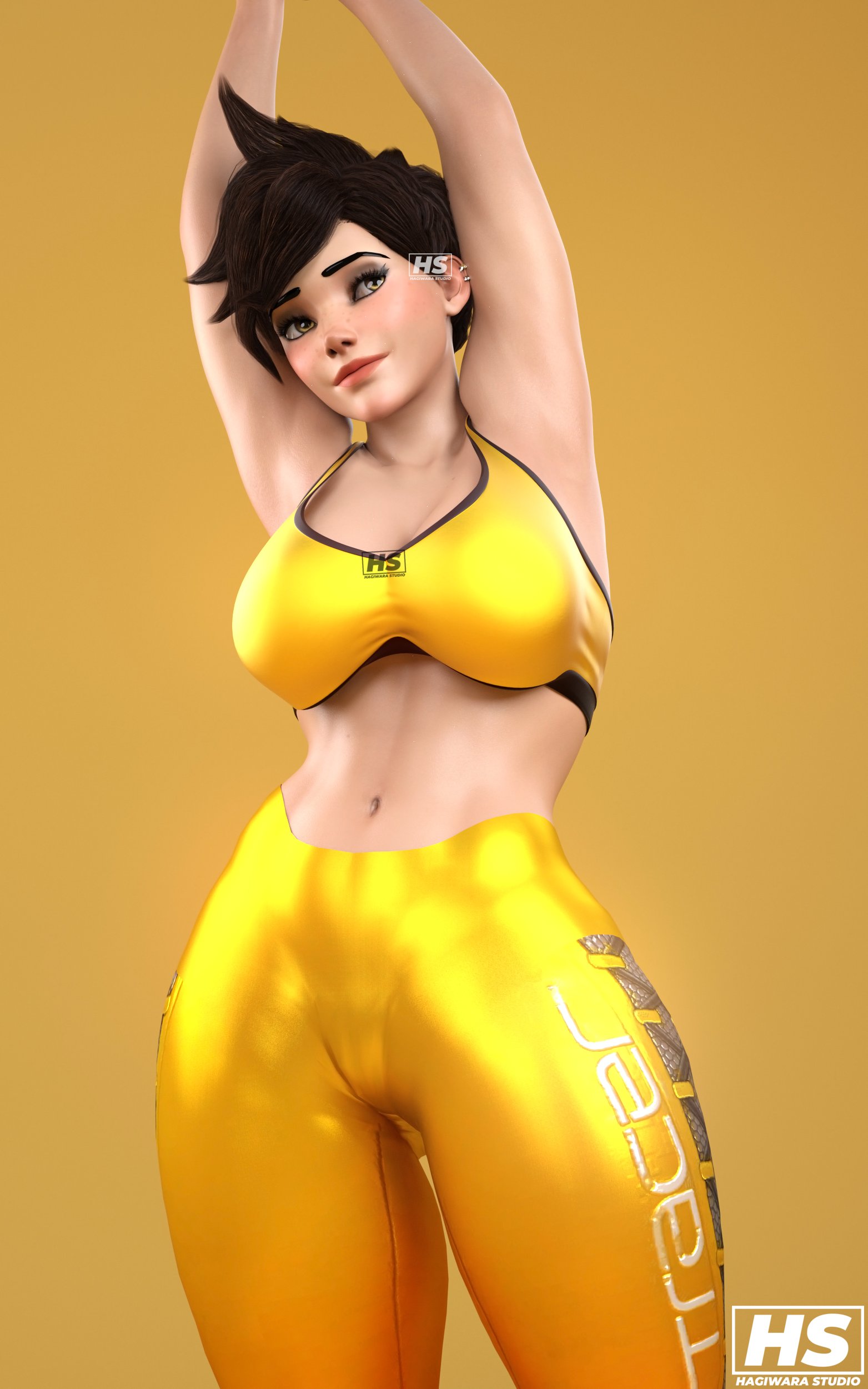 1girls, 3d, abs, big breasts, blizzard entertainment, breasts, cameltoe, cleavage, female, female only, hagiwara studio, muscular, muscular female, overwatch, pose, pussy, skin tight, solo female, sports bra, tagme, thick thighs, tracer, yoga pants