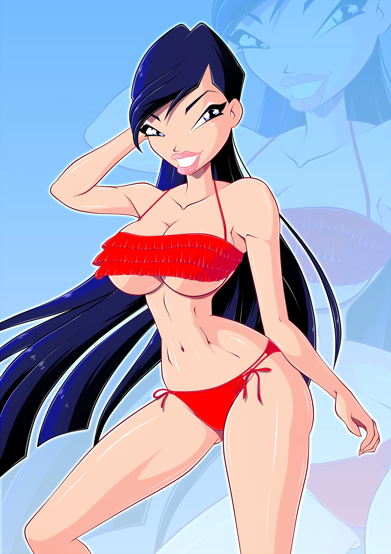 1girls, bikini, blue hair, bra, breasts, cleavage, eyelashes, eyeshadow, female, lipstick, long hair, looking at viewer, makeup, musa (winx club), panties, purple eyes, shiny skin, solo, swimsuit, tall, thin waist, wide hips, winx club, zfive