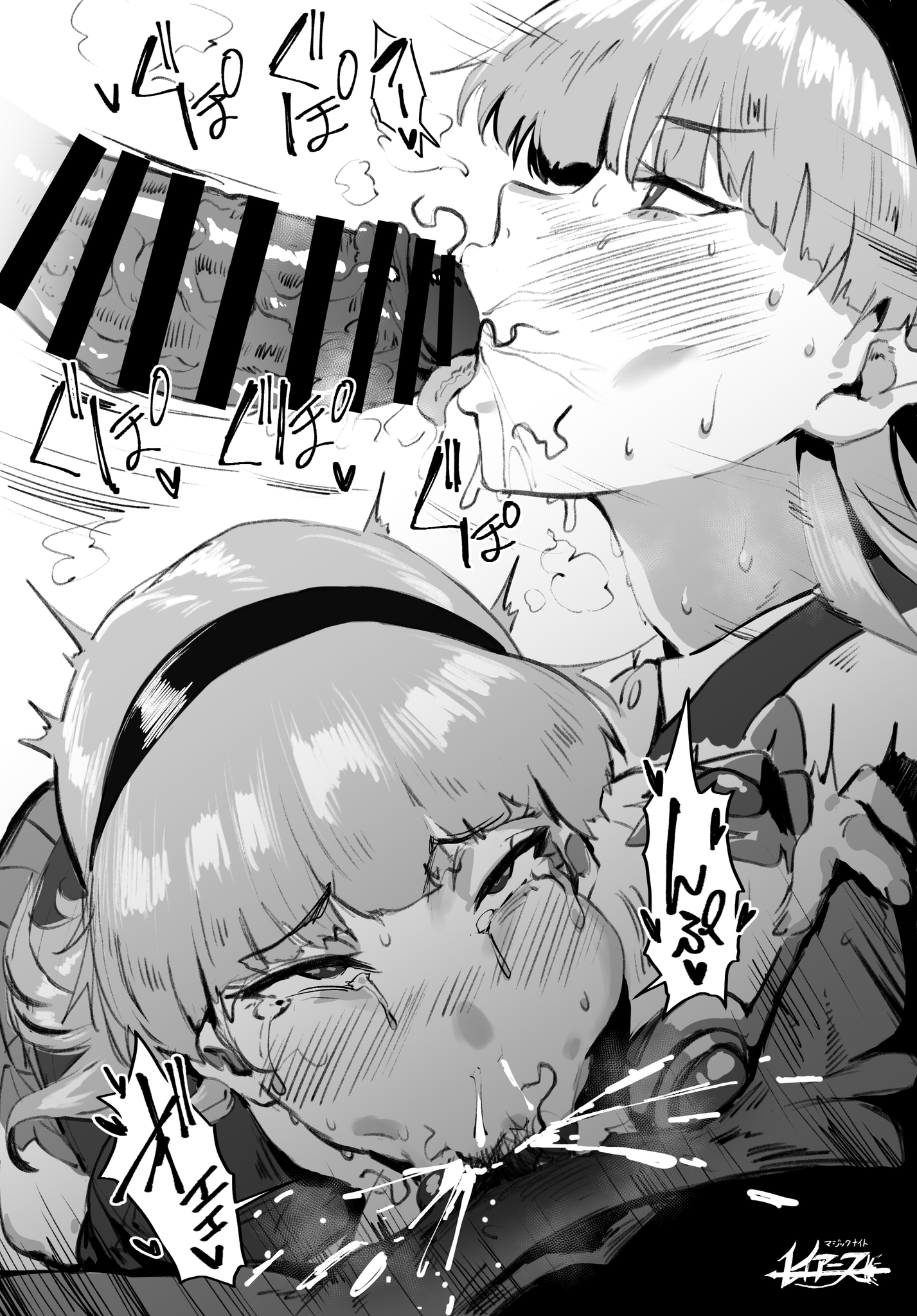 :>=, 1boy, 1girls, absurdres, artist name, bar censor, blush, censored, character request, cheek bulge, close-up, crying, crying with eyes open, cum, cum in mouth, cum in throat, cum inside, cum out nose, dark skin, dark-skinned male, deepthroat, diadem, ejaculation, eye contact, fellatio, female, fringe, greyscale, hair ornament, hero neisan, high resolution, highres, japanese text, male, male pubic hair, monochrome, oral, penis, petite, pubic hair, rolling eyes, saliva, school uniform, schoolgirl, sex, signature, stray pubic hair, tears, teenager, text, tongue, tongue out, vein, veiny penis