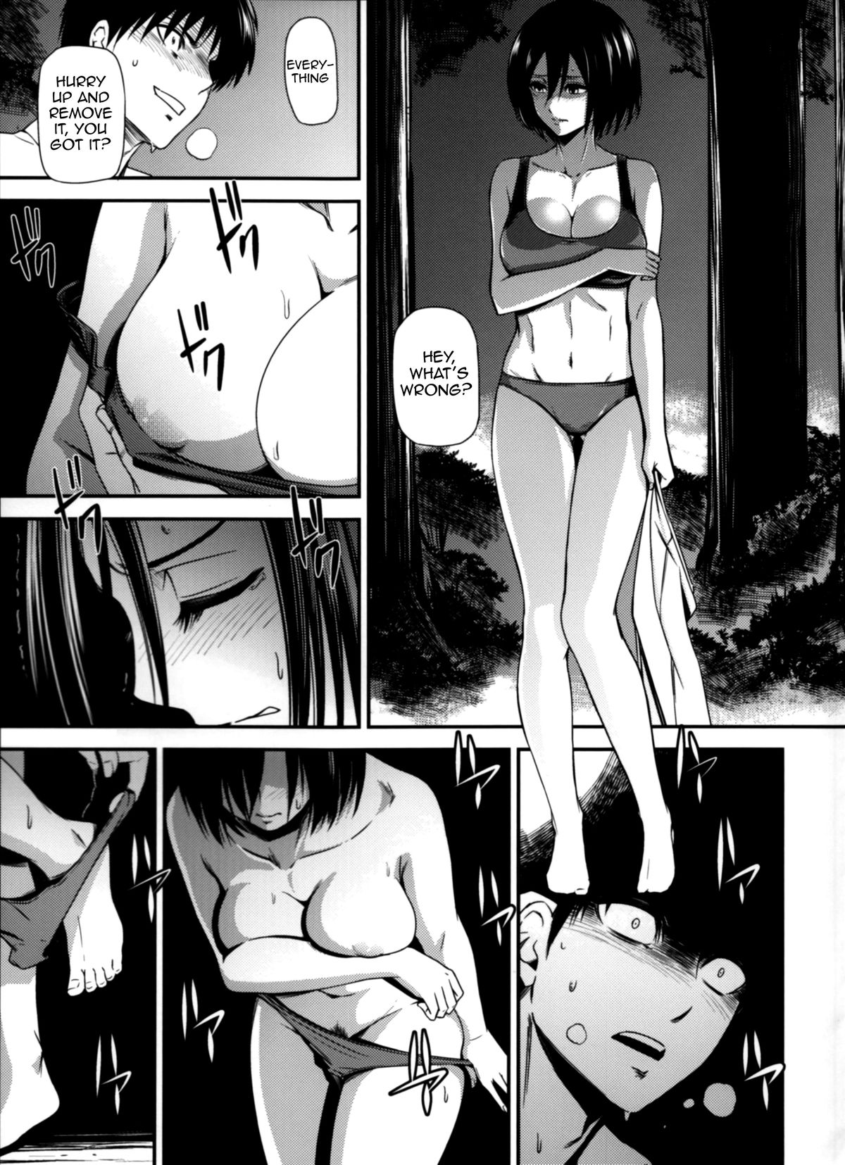 ass, attack on titan, big ass, big breasts, black hair, breasts, brown hair, clothes, doujinshi, english text, eremika, eren jaeger, female, imminent sex, kiyosumi hurricane, mikasa ackerman, naked, panties, removing clothing, shingeki no kyojin, shy