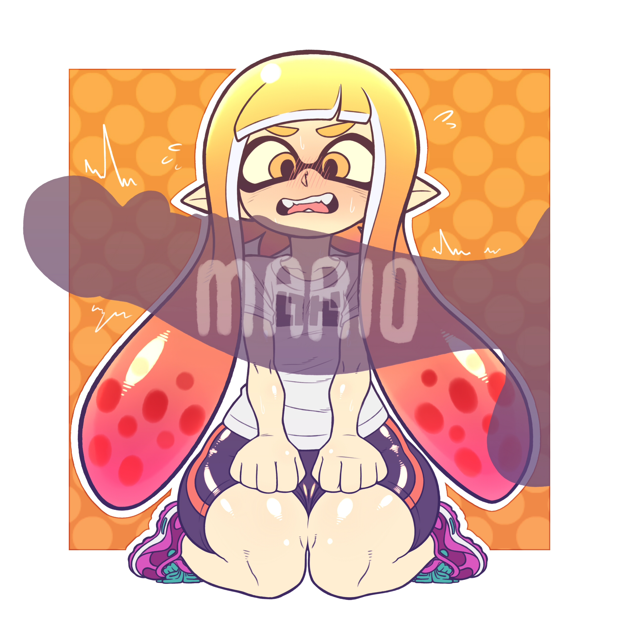 1boy, 1girls, animal humanoid, anthro, balls, big penis, cephalopod, cephalopod humanoid, clothed, clothing, crossover, female, humanoid, inkling, inkling girl, kaikoinu, kaori (splatoon), long hair, male, mario, mario (series), mask (marking), nintendo, orange eyes, orange hair, orange inkling girl, partial male, penis, penis awe, pointy ears, pseudo hair, simple background, sitting, splatoon, splatoon (series), squid, tentacle, tentacle hair, testicles, thick thighs, trembling, white border
