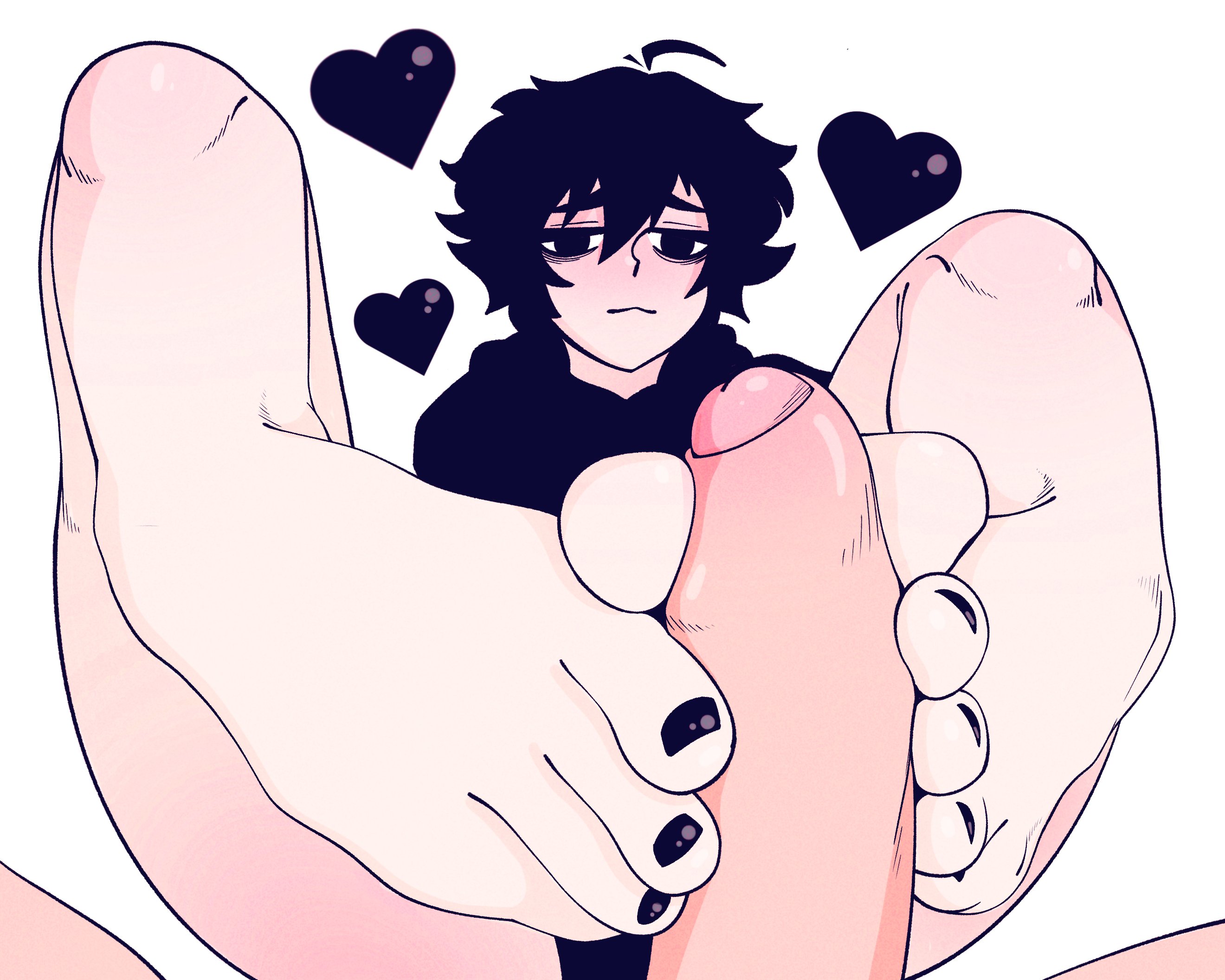 2boys, big penis, black eyes, black hair, bro aniki, close-up, cute male, doomer boy, erection, feet, femboy, foot fetish, foot focus, footjob, foreskin, gay, heart, human, human only, light skin, light-skinned male, male, male focus, male only, male pov, male/male, meme, painted nails, painted toenails, partial male, partially retracted foreskin, penis, pov, retracted foreskin, sex, short hair, smooth penis, toes, uncircumcised, uncut, wojak comics