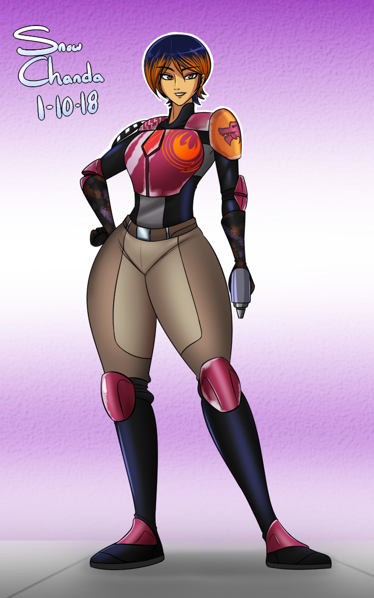 1girls breasts brown_eyes clothed clothing colored_hair curvy female_focus female_only revealing_clothes sabine_wren short_hair simple_background small_breasts smile snowchanda_(artist) solo star_wars star_wars_rebels watermark wide_hips