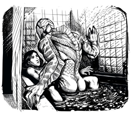 1boy 1boy1girl 1girls amphibian_humanoid amphibian_man bathroom bathtub canon_couple elisa_esposito fishman hetero heterosexual humanoid indoors interspecies merman monochrome sex straight the_amphibian_man the_shape_of_water tile_wall