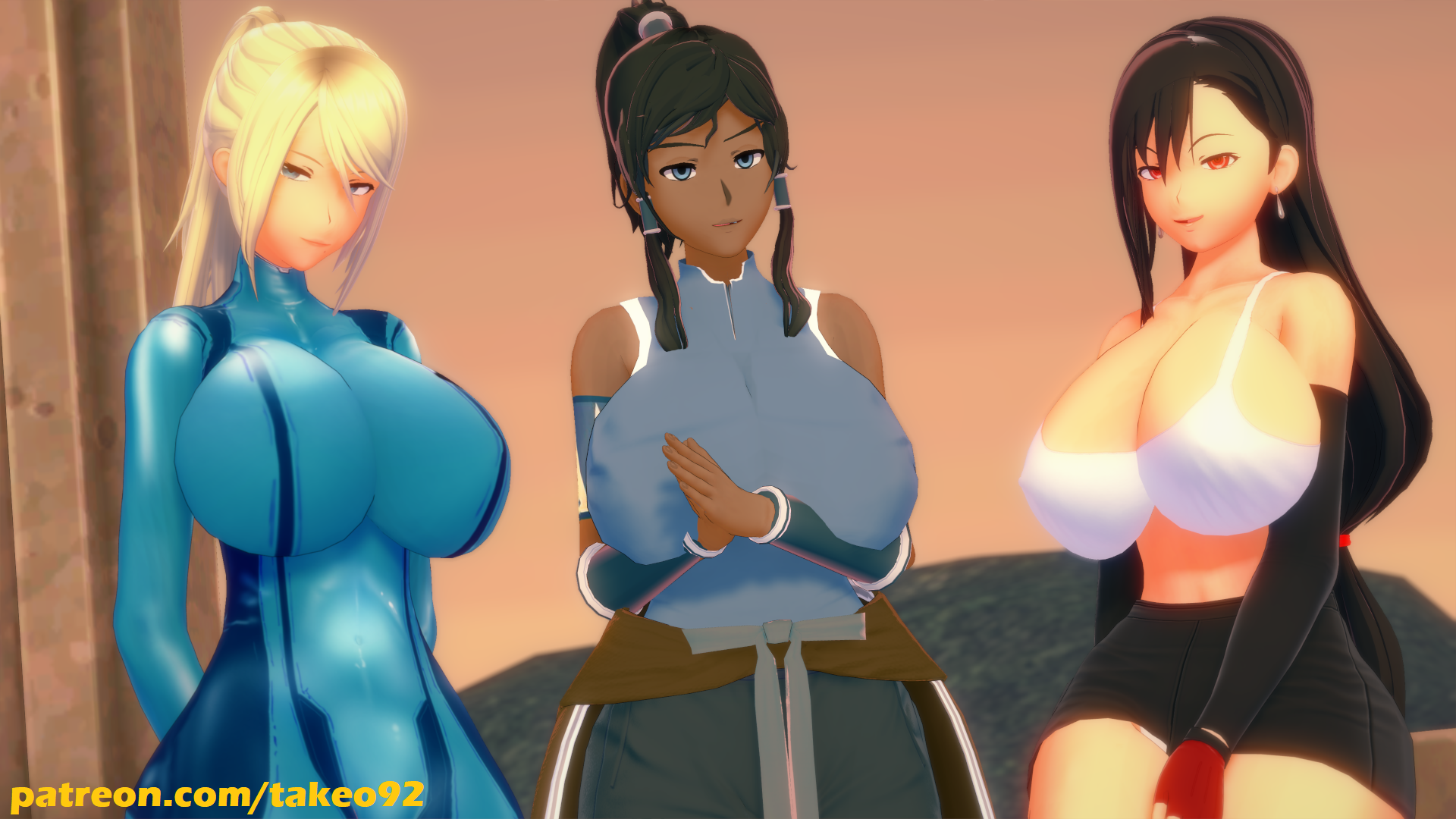 3d, 3girls, alternate breast size, armwear, ass, avatar legends, bare shoulders, big ass, big breasts, black hair, blonde hair, blue eyes, bodysuit, breasts, brown hair, cleavage, clothing, crossover, curvaceous, curvy, dark skin, dark-skinned female, eastern and western character, erect nipples, evening, female, female focus, female only, final fantasy, final fantasy vii, fingerless gloves, hands behind back, hands together, huge ass, huge breasts, koikatsu, korra, large ass, large breasts, leaning against wall, long hair, looking at viewer, metroid, miniskirt, nickelodeon, nintendo, nipples, nipples visible through clothing, open mouth, patreon, pillar, pinup, pinup pose, ponytail, red eyes, revealing clothes, samus aran, skirt, smile, smooth skin, smug, square enix, sunset, takeo92, tank top, text, the avatar, the legend of korra, thick thighs, tifa lockhart, tight clothing, water tribe, wide hips, zero suit, zero suit samus
