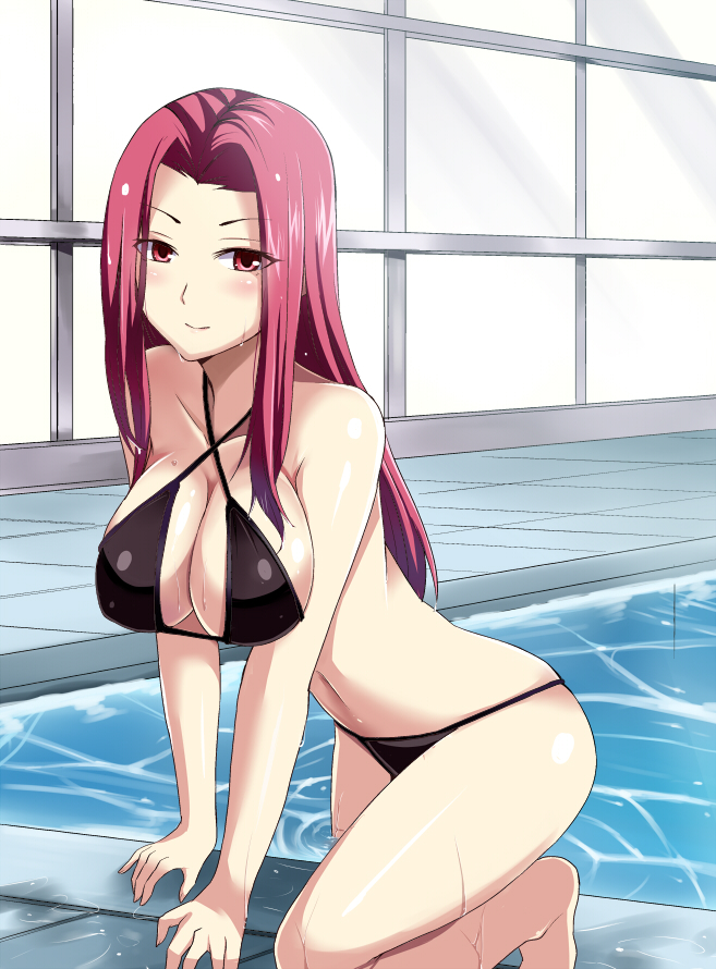 10s alluring bare_shoulders bikini breasts cleavage female getting_out_of_pool huge_breasts indoors long_hair nishida_megane pool purple_eyes purple_hair sakaki_ryouko shokugeki_no_souma solo swimming_pool swimsuit that_pool thighs voluptuous water wet