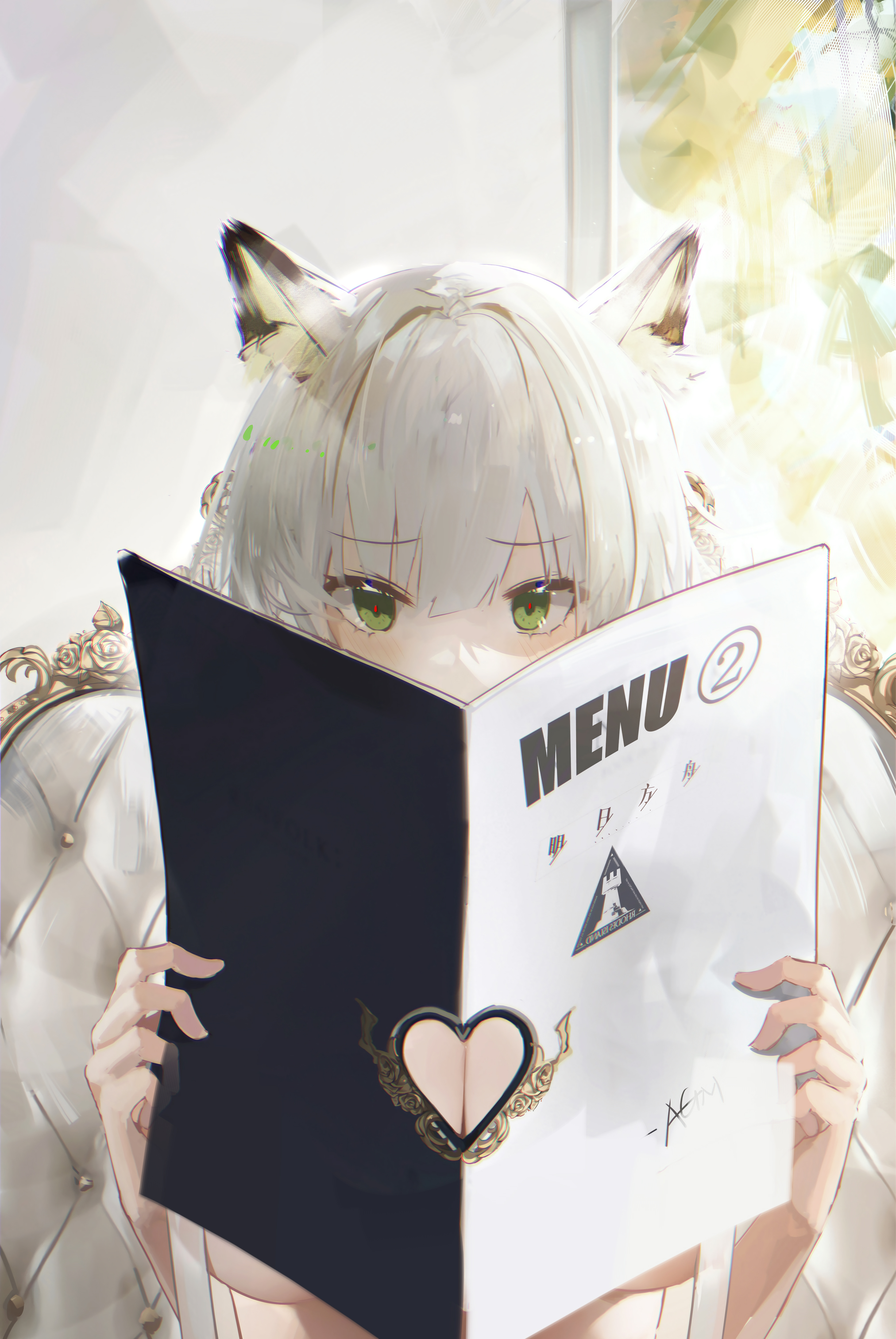 1girls, accidental exposure, animal ears, arknights, big breasts, blush, breast focus, breasts, chair, chinese text, english text, female, female only, green eyes, heart, holding, kal'tsit (arknights), menu, omone hokoma agm, sitting, solo, solo female, tagme, text, white hair, window